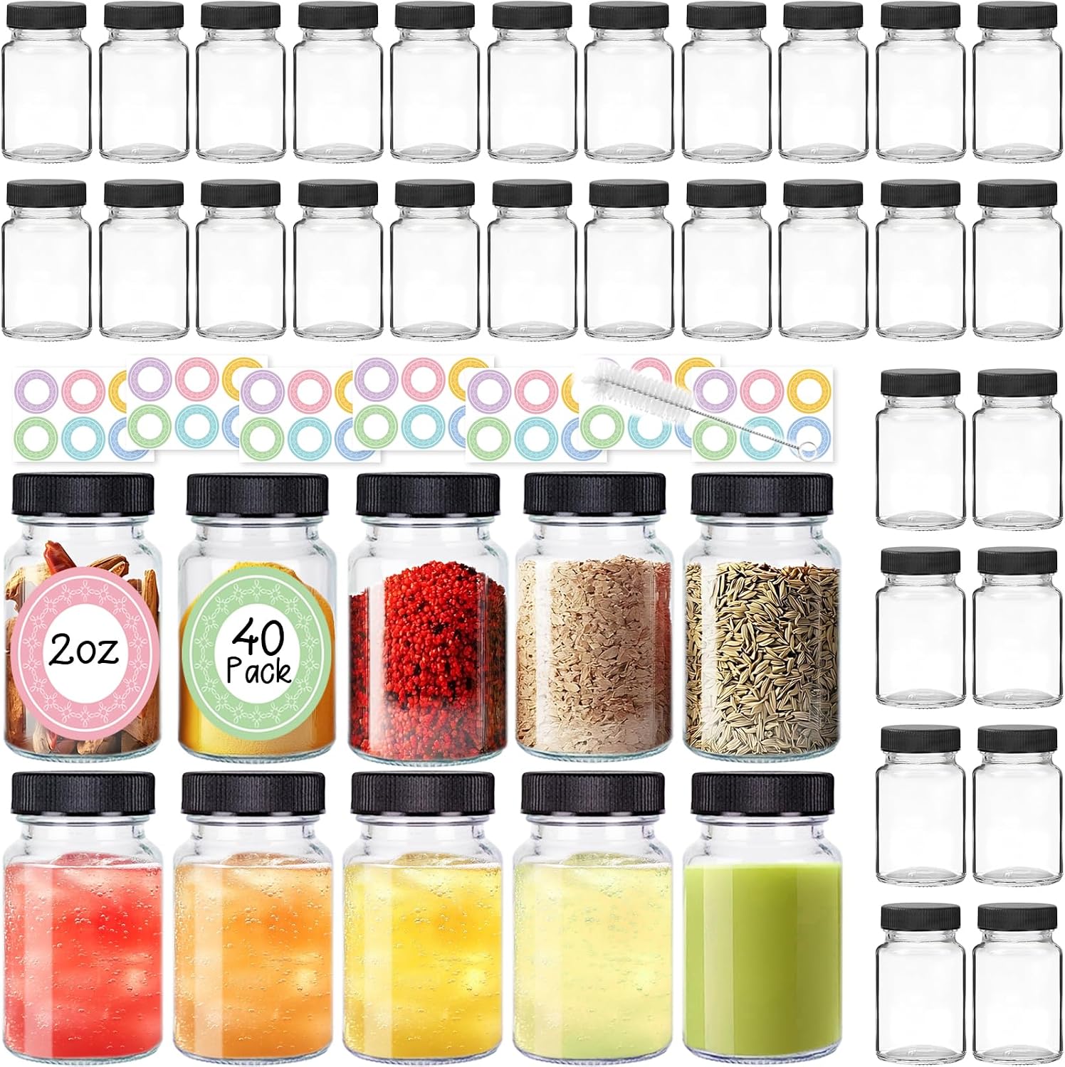 NEWMIAO 40 Pack 2 oz Glass Shot Bottles with Caps, Juice Shot Glasses with Lids, Reusable Empty Wellness Glass Bottles, Small Clear Jars for Ginger, Juice, Beverages