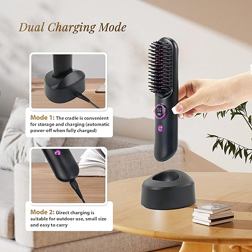 Miniatura 3 de vanso Cepillo alisador de pelo inalámbrico, alisador de pelo portátil, peine de peinado con USB recargable, 9 ajustes de temperatura,