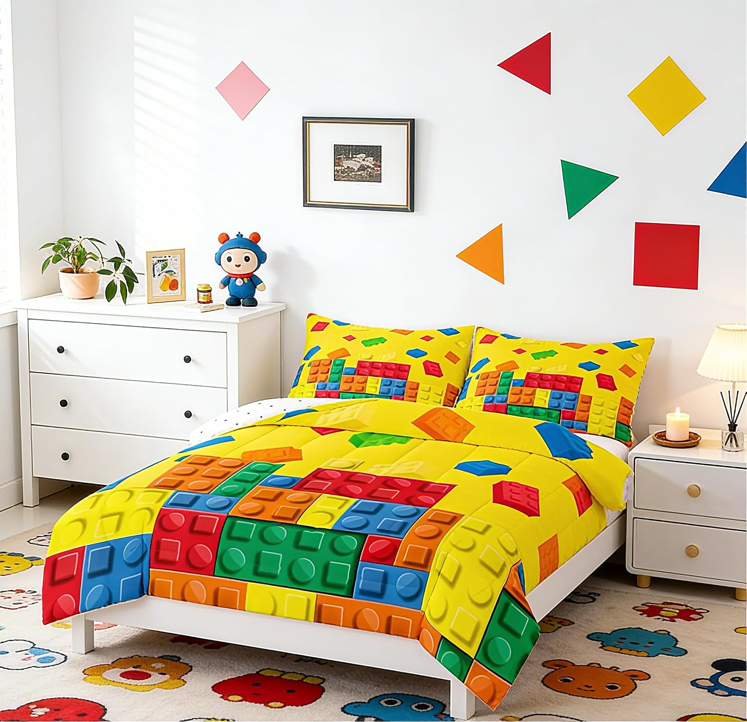 Feelyou Building Block Print Comforter Set Queen Size Kids Brick Styles Comforter for Boys Teens Colorful Bedding Set Breathable Gaming Yellow Duvet Set Room Decor Quilt Set