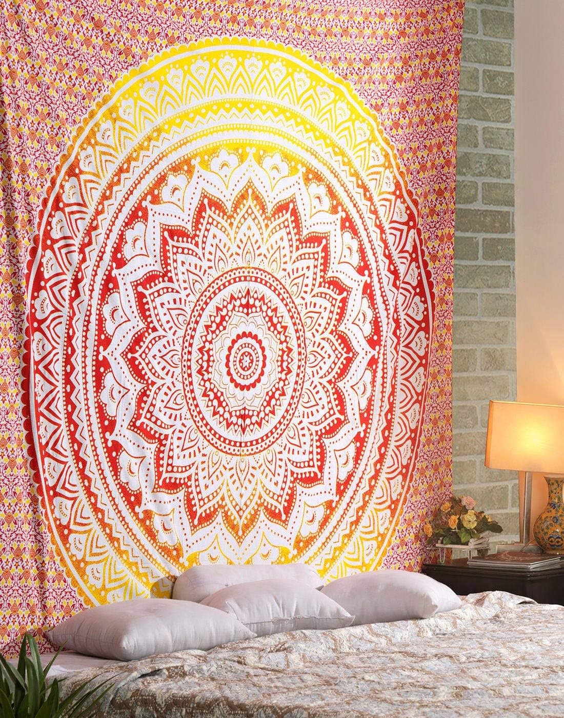 Marubhumi Psychedelic Mandala Tapestry Wall Hanging, Beach Throw Hippie Tapestries Picnic Sheet Wall Decor Wall Art Bedroom Decor (Orange and Yellow, Queen Size (230 x 220 Cms / 88 x 85 Inches)