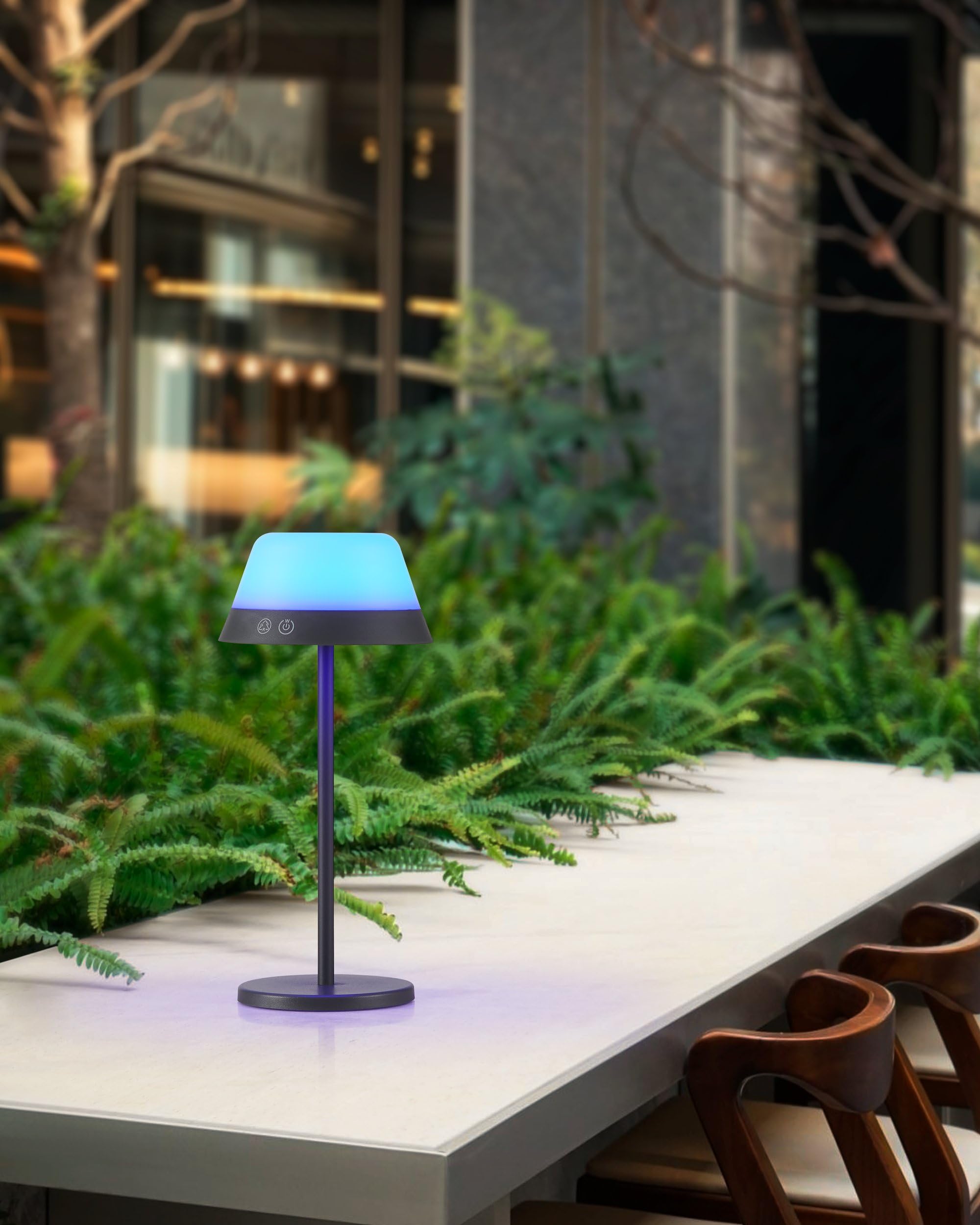 Eglo Meggiano lampada da tavolo a LED per esterni, lampada | da campeggio, dimmerabile, con paralume a sospensione, attacco USB, plastica bianca e grigia, luce bianca calda, RGB, IP54