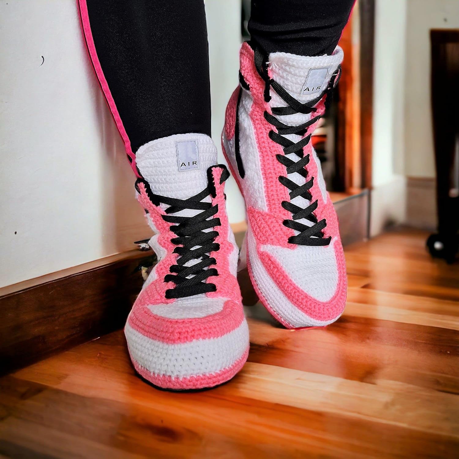 Handmade Pink Crochet AJ1 Jordan-Style Basketball Slippers – Retro High-Top Knit Sneakers for Men & Women – Organic Cotton Wool Cozy Kicks – Plush Non-Slip Streetwear Style