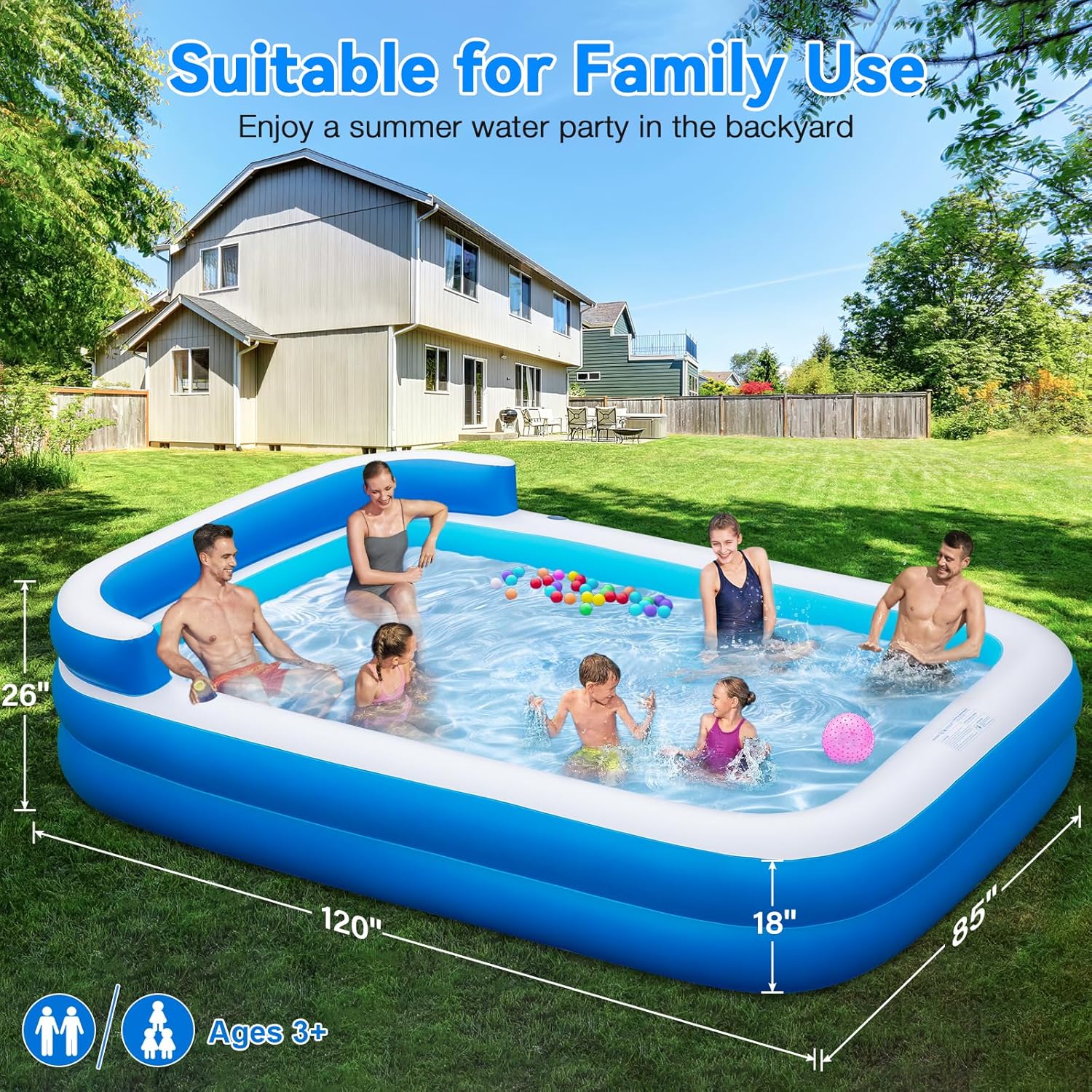 Large Inflatable Swimming Pool, 120" X 85" X 26" Oversized Thickened Blow Up Pools for Adult, Inflatable Pool with Seat and Pump, Family Swimming Pool for Backyard Lawn Indoor Outdoor