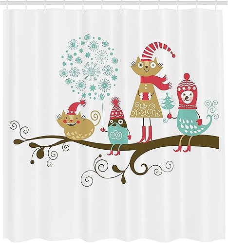 Miniatura 65 de Ambesonne Cortina de ducha de Navidad, estilo retro, palabras de deseos de Navidad con forma de árbol con adornos, juego de decoración de baño de