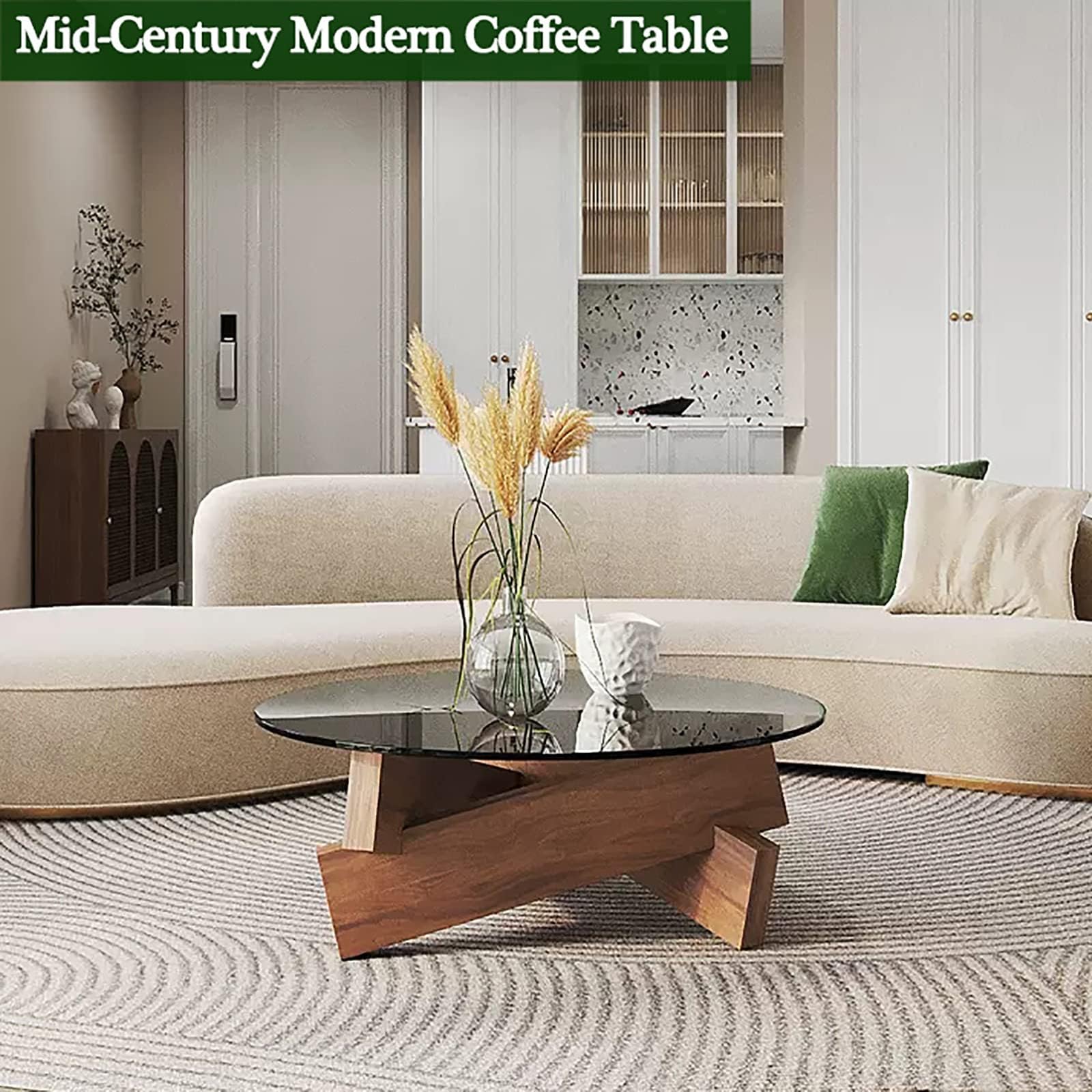 Tavolino Da Caffè Rotondo In Vetro E Legno Massello 80 Cm - Moderno Design Mid-Century Per Piccoli Spazi