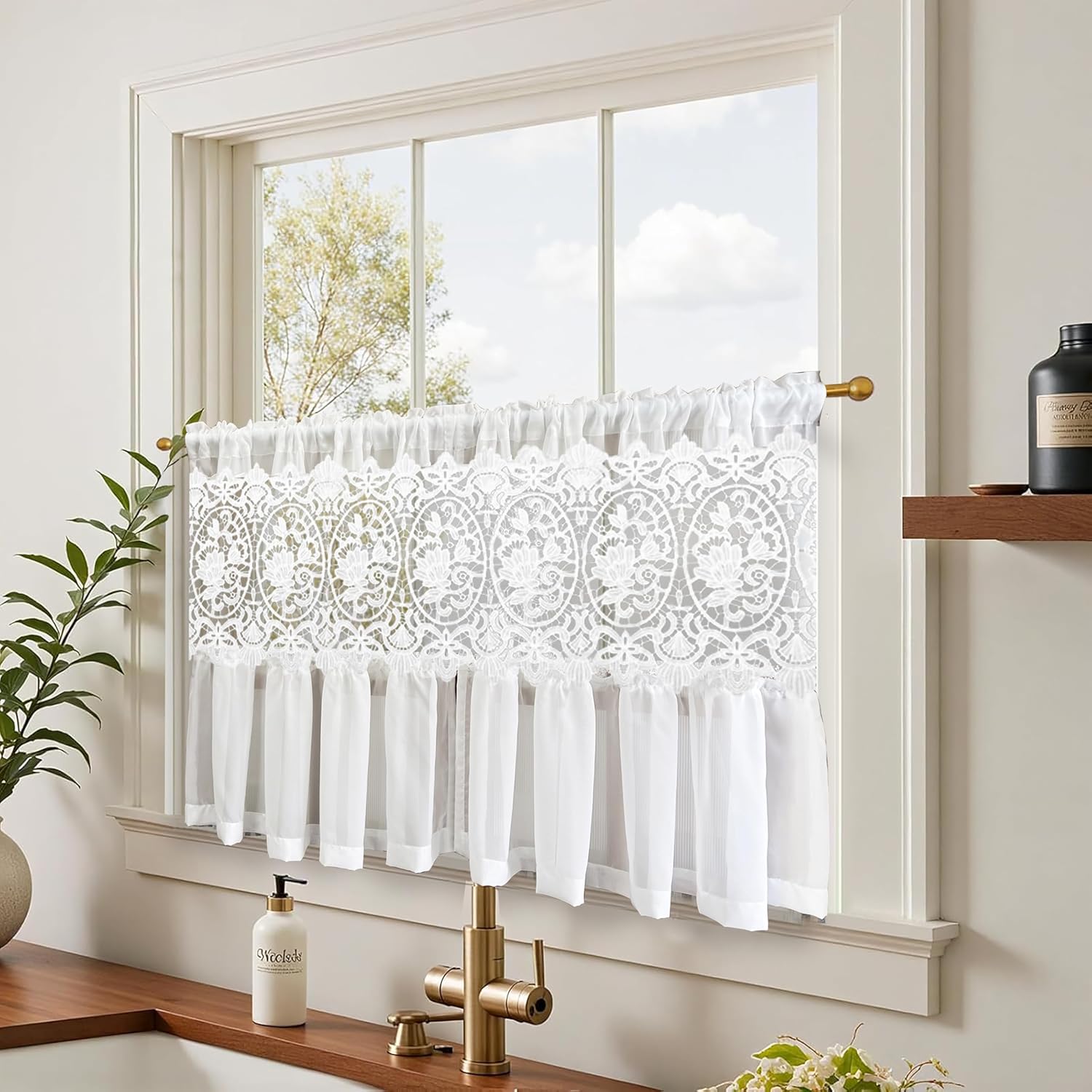 Princess Style White Kitchen Curtain Elegant Hollow Floral Embroidery Cafe Curtain Valance for Bathroom Bedroom Rod Pocket Top (W79 x L27.5 inches,White)