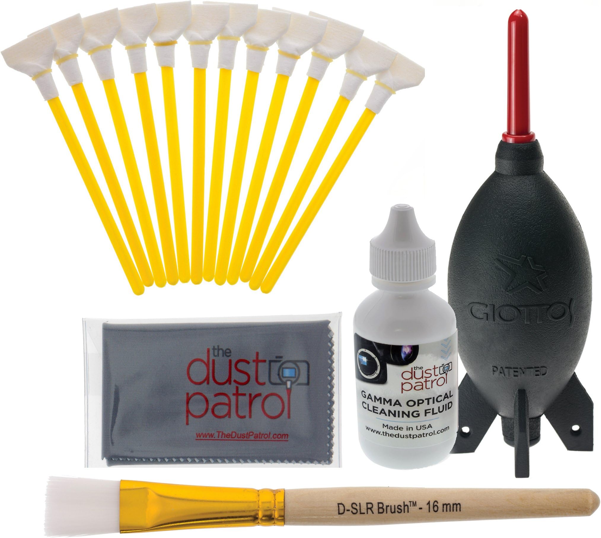 Micro-Tools Digital Camera Cleaning Kit - For Cameras with Full Frame Sensors. Kit includes 12pcs individually sealed The Dust Patrol Sensor Cleaning Swabs for Full Frame Sensors 24mm ( yellow ). With 2oz/59ml The Dust Patrol Gamma sensor cleaning fluid. Kit includes the most popular Giottos Air Bomb blower AA1900 and The Dust Patrol D-SLR-Brush sensor cleaning brush. Plus The Dust Patrol micro fiber cloth.