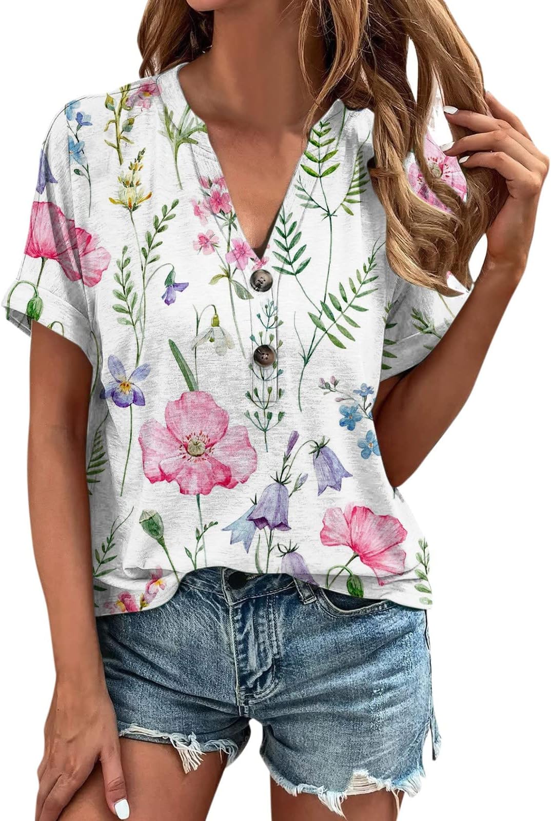 Blouses for Women Casual Button Up Dressy Floral Shirts Tees Short Sleeve Loose Fit V Neck Tops Summer 2023