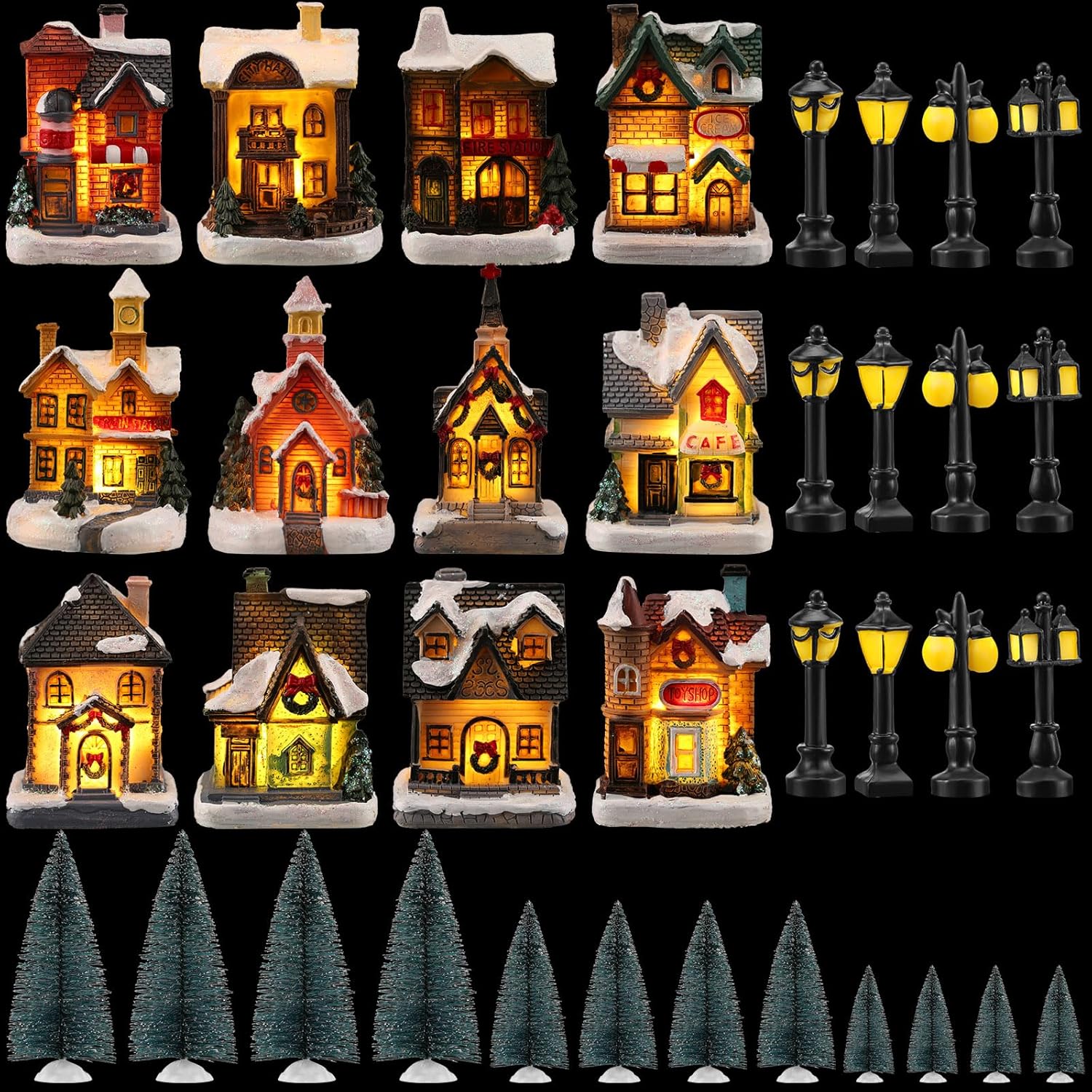 Liliful 36 Pcs Christmas Village Set - LED Lighted Houses and Buildings Collection for Winter Scene Decoration - Xmas Gifts for Table, Desktop, Indoor Displays