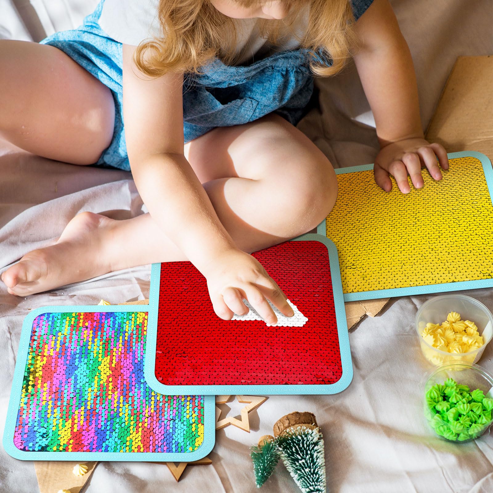 10 Tapis en Tissu à Paillettes | Mur Sensoriel en Tissu à Paillettes | Tissu Réversible à Paillettes pour Enfants | Dalles Sensorielles pour Enfants | Tapis Sensoriels à Paillettes