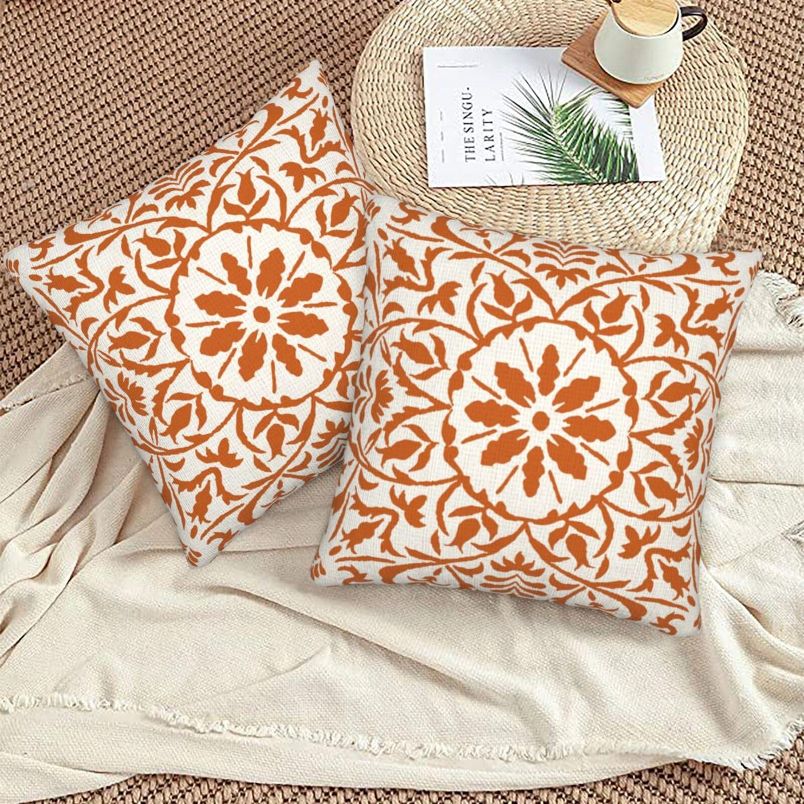 GAAFOSIPH Orange Set of 2 Cushion Covers 40cm x 40cm Bohe Flower Modern Double Sided Printed Square Linen Decor 16 x 16 inches Cushions Cases Home Garden Decorations Pillow Cover for Sofa Bed Outdoor - Image 4
