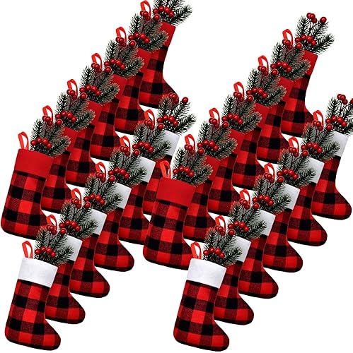 Skylety Medias de Navidad a granel de 8.3 pulgadas, mini medias de Navidad de búfalo a cuadros, calcetines de felpa, decoraciones colgantes para