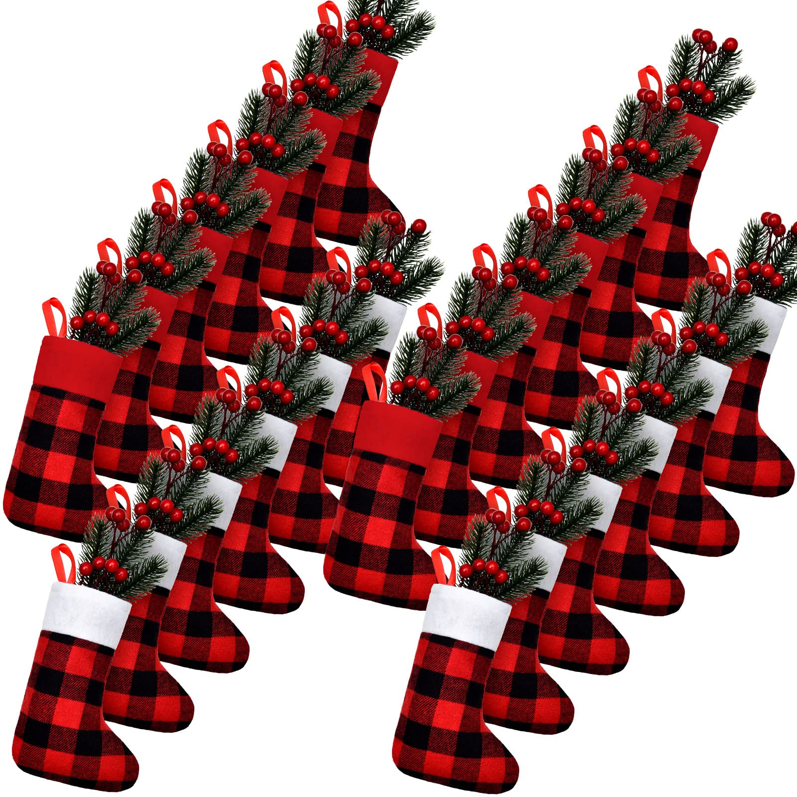 Skylety Lot de 24 mini chaussettes de Noël en vrac à motif écossais - Décorations à suspendre pour fêtes de fin d'année (rouge et noir, classique)
