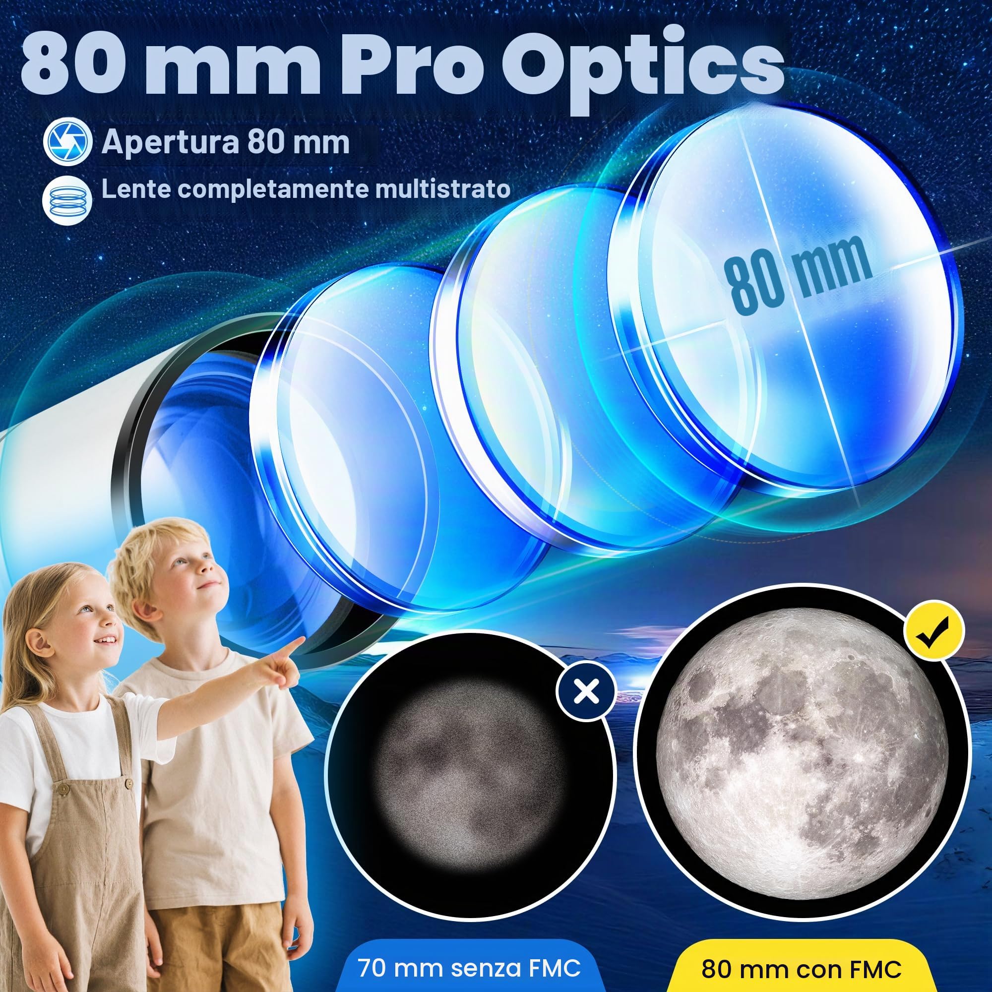 Telescopio Astronomico per Adulti, 80/500mm Telescopio Rifrattore per Principianti con Adattatore per Telefono, Adesivi Decorativi a Tema Spaziale e Treppiede