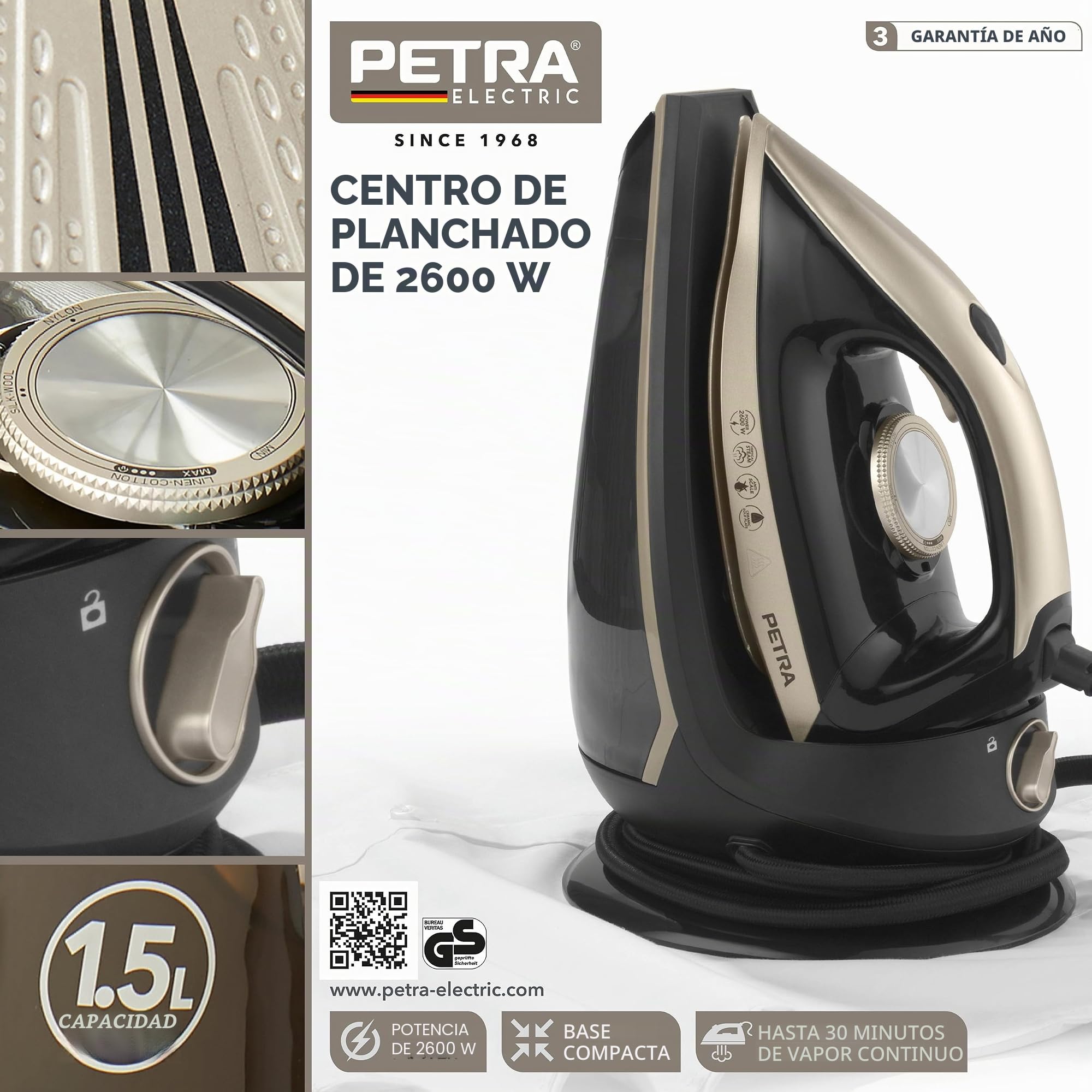 Petra PF01483VDEEU7 Centro de Planchado, Plancha de Vapor con Base Compacta, Cable de 1,9 m, Gran Depósito de Agua de 1,5 l Extraíble y Sistema de Bloqueo, 30 min de Vapor Continuo, 2600 W