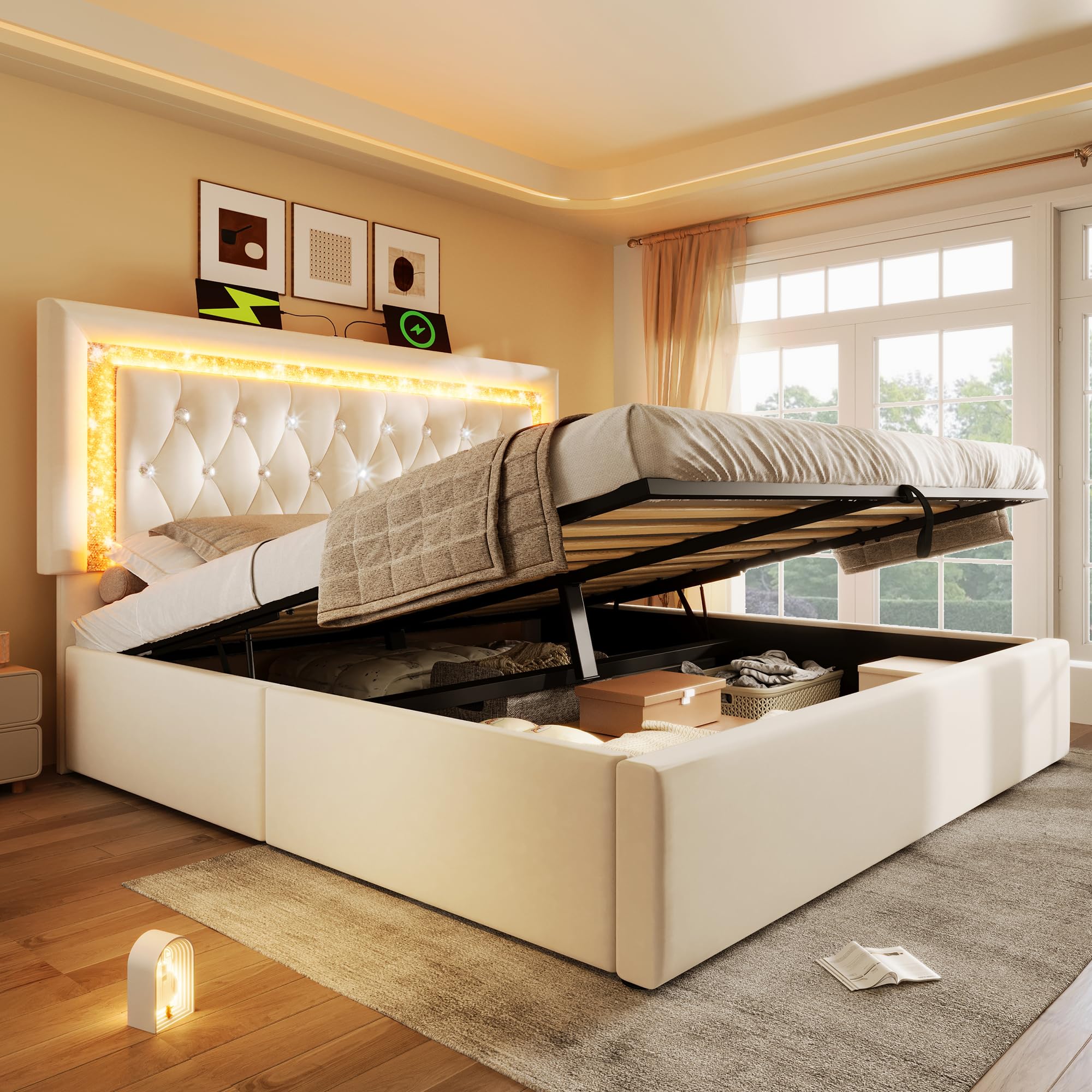 Lubvtti Cama acolchada con LED, estación de carga USB y tipo C, cama de matrimonio con contenedor hidráulico, estructura de cama con somier de láminas, terciopelo (beige, 160 x 200 cm)