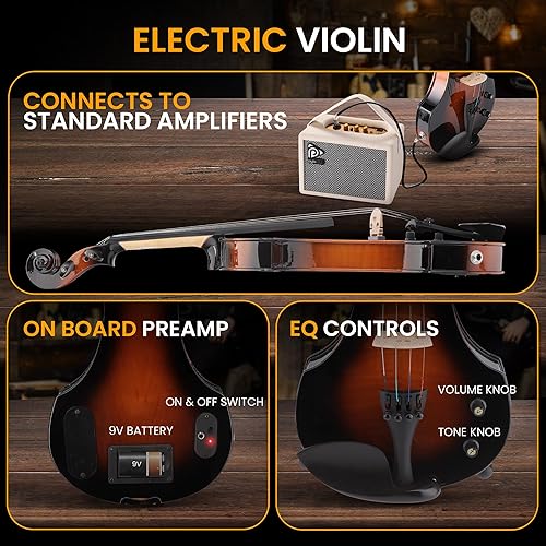 Miniatura 9 de Pyle Kit de violín eléctrico silencioso 44 violín de madera maciza con estuche duro lazo accesorios de ébano y afinador digital instrumento de