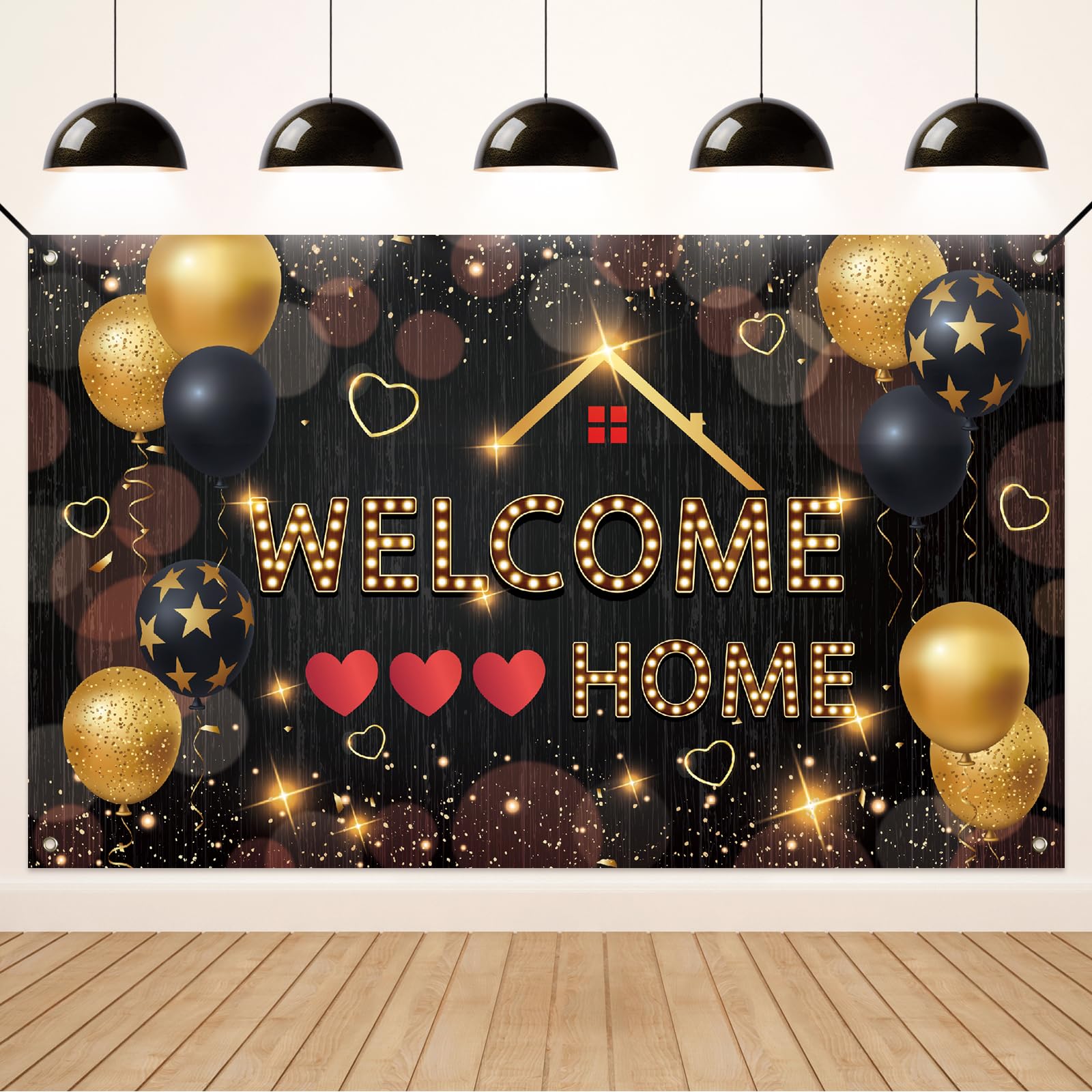 Koliphy Welcome Home Banner, Black Gold Welcome Home Decorations Backdrop Banner for Homecoming Background Decor Family Returning Party Supplies
