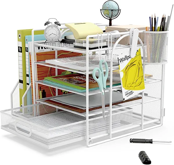HUHOLE 5 Tier Desk Organizer with File Holder, White Mesh Paper Letter Tray Organizer with File Clip, USB Clip, Wire Desk Accessories & Workspace Organizers for Office Supplies or School Supplies