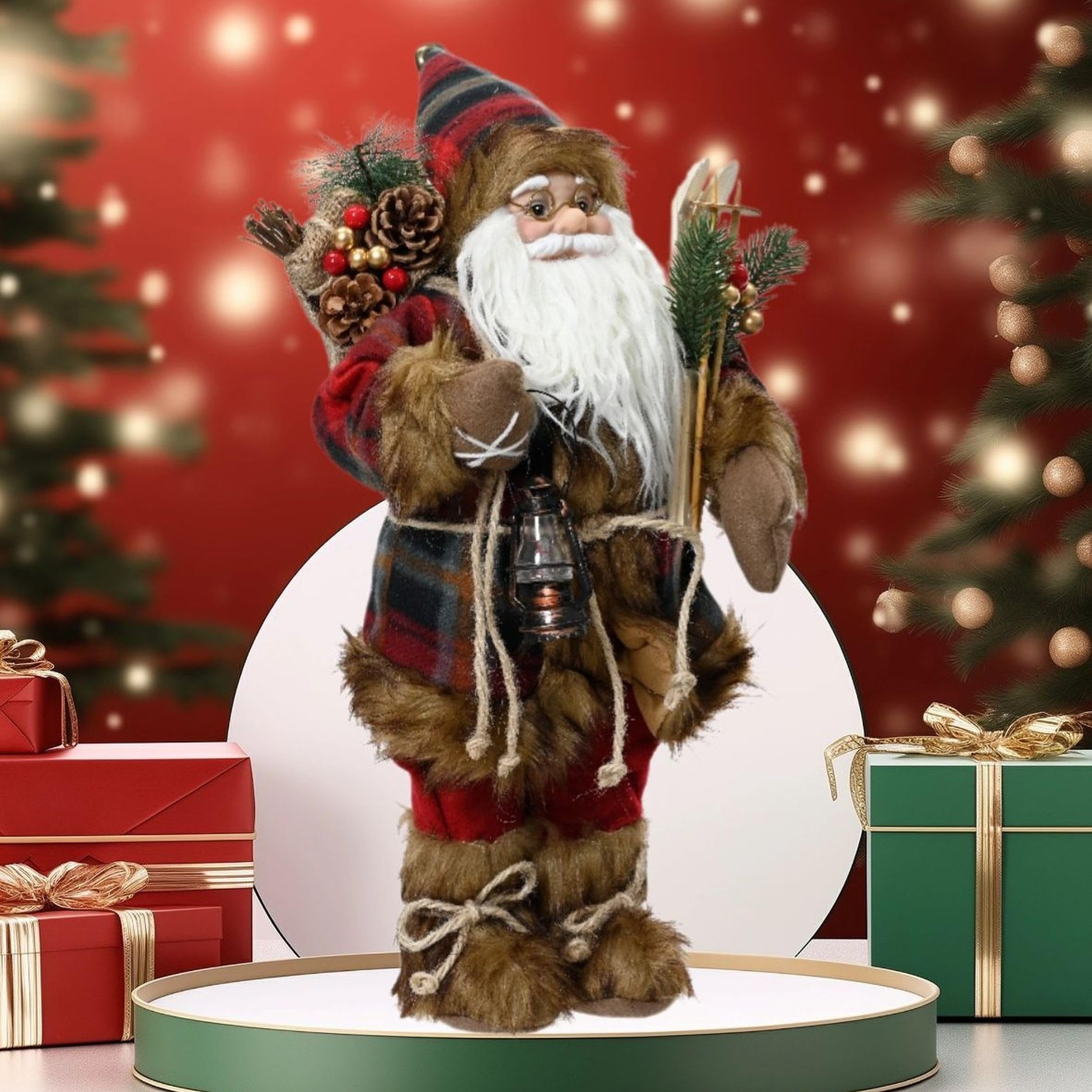 Kaemingk Père Noël debout traditionnel Figurine Père Noël 45 cm Figurine de Noël Rouge Tartan Fourrure Manteau tenant lanterne et skis Décoration intérieure Père Noël debout