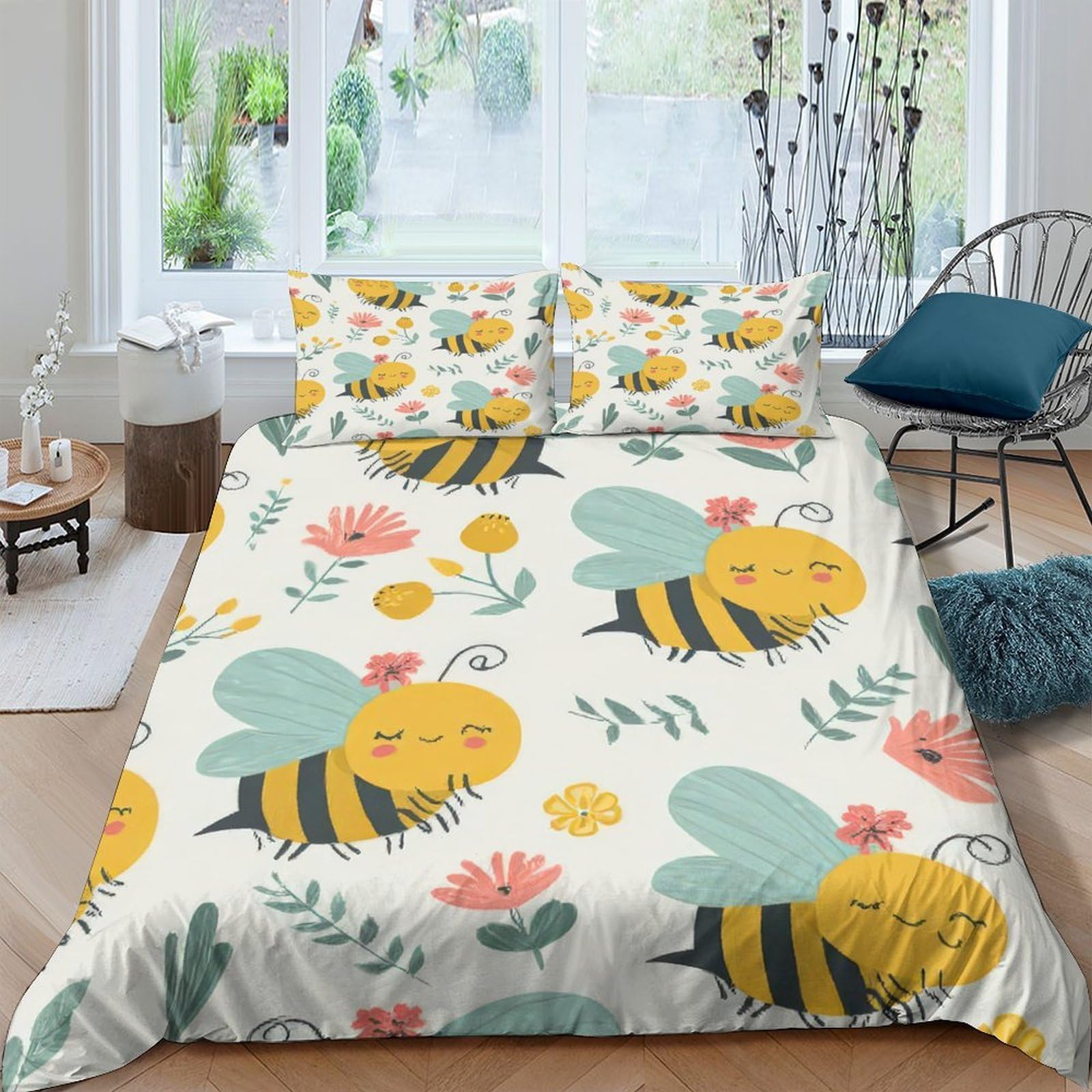 Ctjqhvkz Style-3 3D Printed Cartoon Bee Fitted Sheet Microfiber Floral Mattress Cover Anti-Slip Washable For Bedroom Guest Room Décor Single（135X200cm）