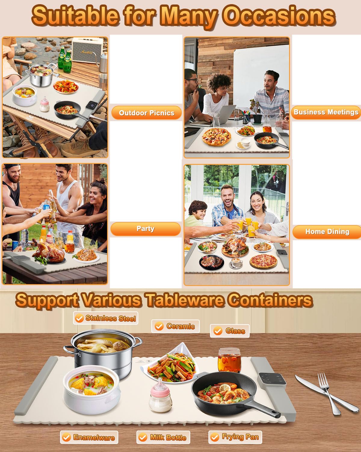 Chauffe Plat Électrique, Plaque Chauffante avec Température Réglable 60°C - 100°C et Minuteur de 4 Heures, Pliable Silicone Chauffe Assiette à Réchaud pour Bithday, Mariage, Fêtes et Buffets Banquet