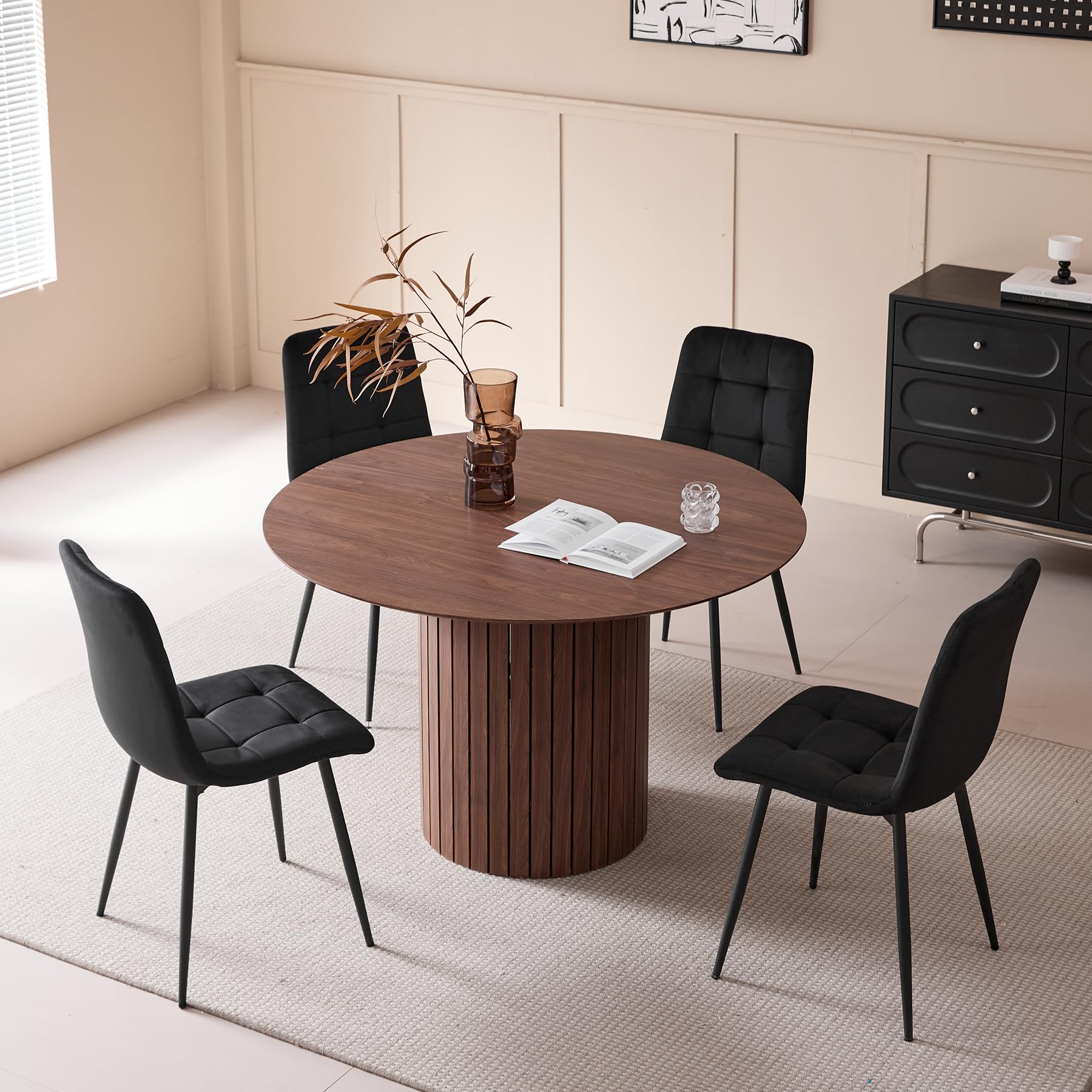 GrandCA HOME Runder Esstisch, moderner Küchentisch 120cm, Esszimmertisch mit rundem Holzsockel, große MDF-Arbeitsfläche für 4-6 Personen, Dunkelbraun