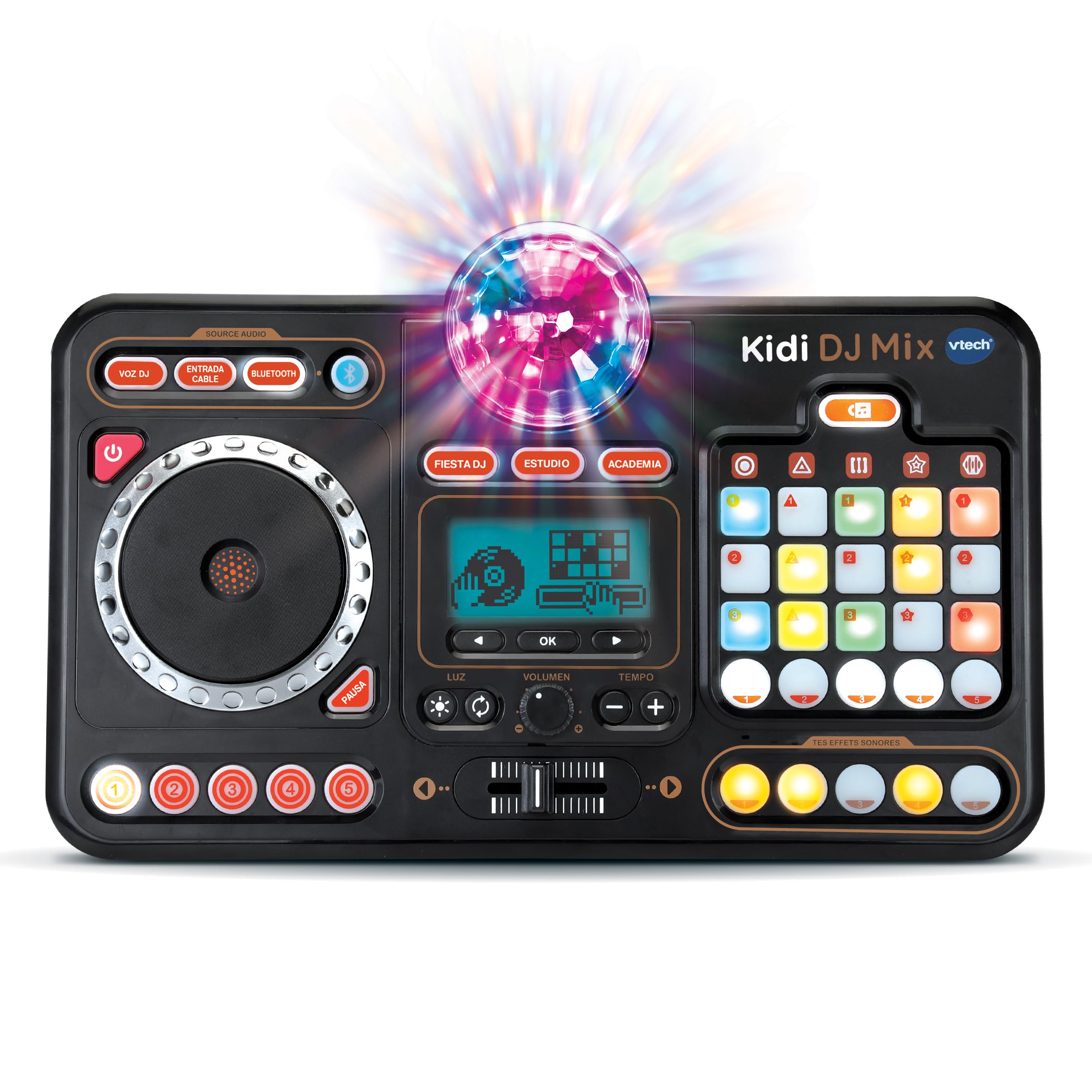 VTech - Kidi DJ Mix, Mesa de mezclas electrónica para niños 10 en 1, Bluetooth, Efectos de sonido, Luces, Bola de discoteca, Aprendizajes y juegos, Regalo para niños +6 años, Versión ESP