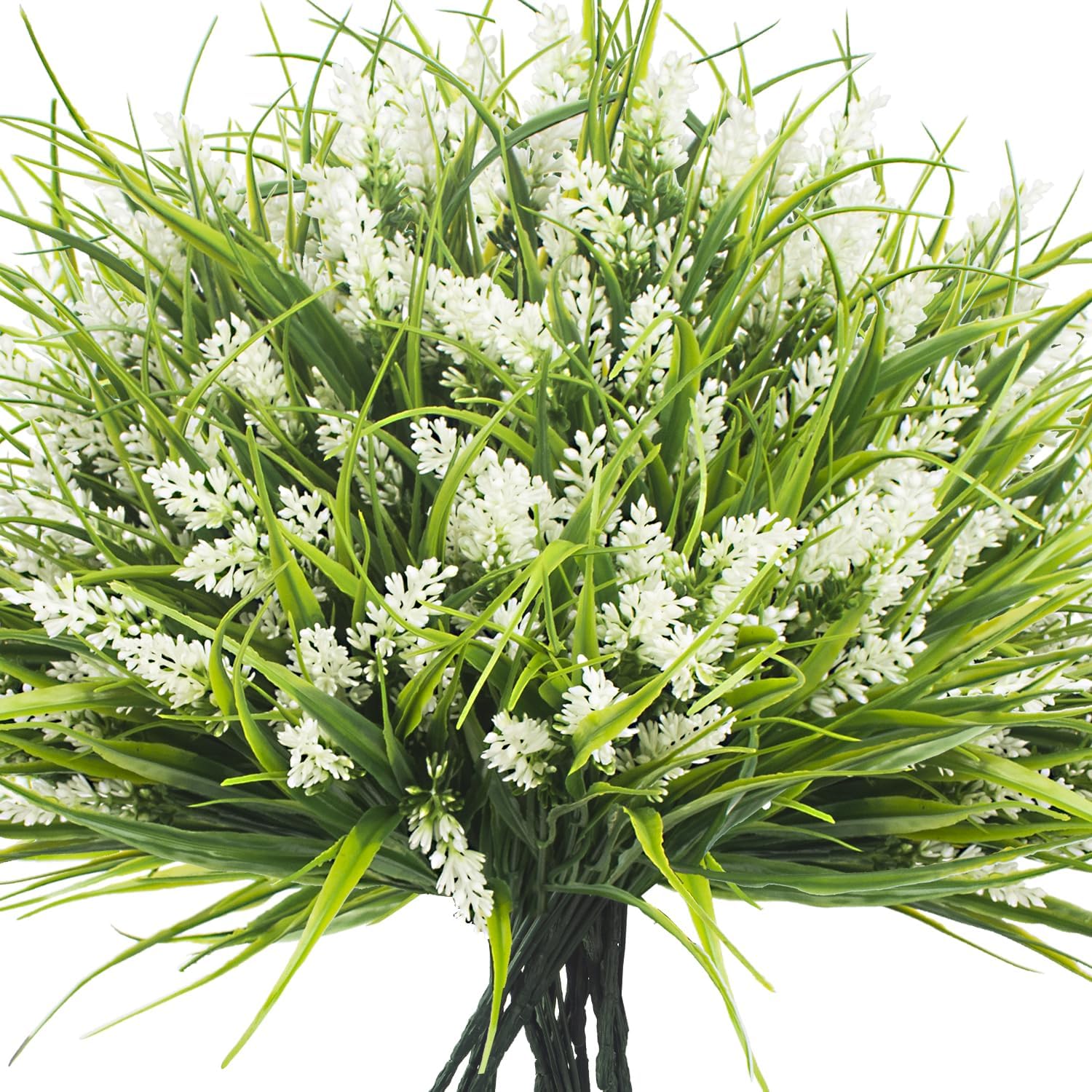 20 Bundles Artificial Plants Outdoor Fake Monkey Grass with Flowers (White)