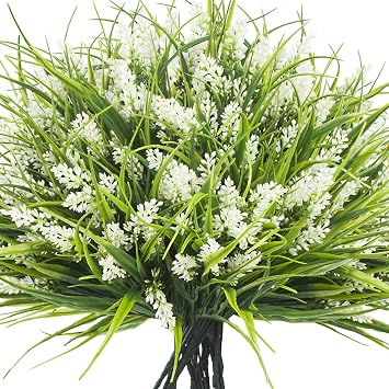 Grunyia 20 Bundles Artificial Plants Outdoor Fake Monkey Grass with Flowers White