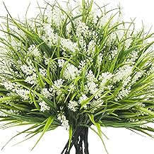 20 Bundles Artificial Plants Outdoor Fake Monkey Grass with Flowers (White)
