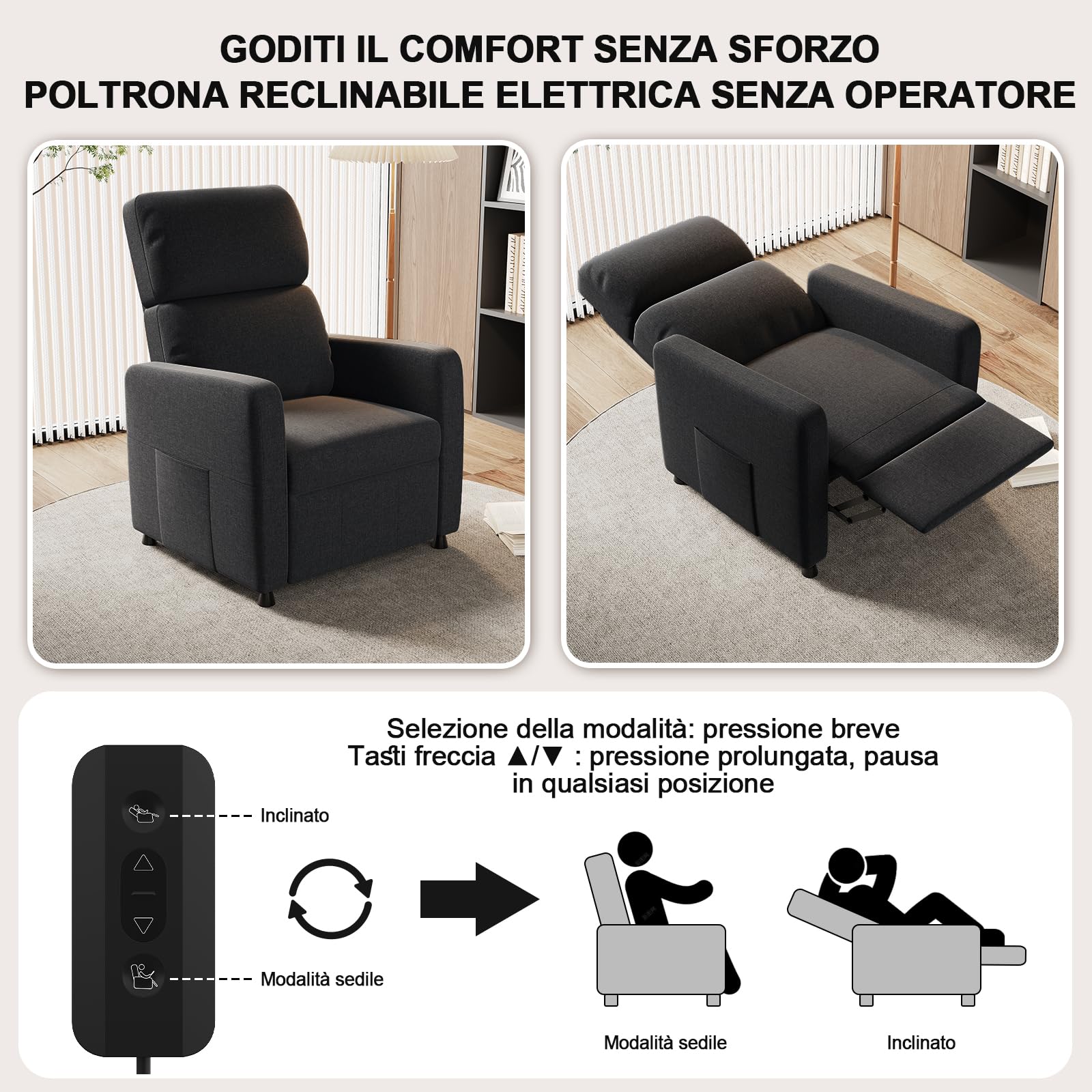 Devoko Poltrona Relax Elettrica, Ergonomica Reclinabile 90°-165°, Poltrona Reclinabile con Schienale e Poggiapiedi Regolabile, Poltrone per Soggiorno/Ufficio, con Tasconi Laterali, Grigio