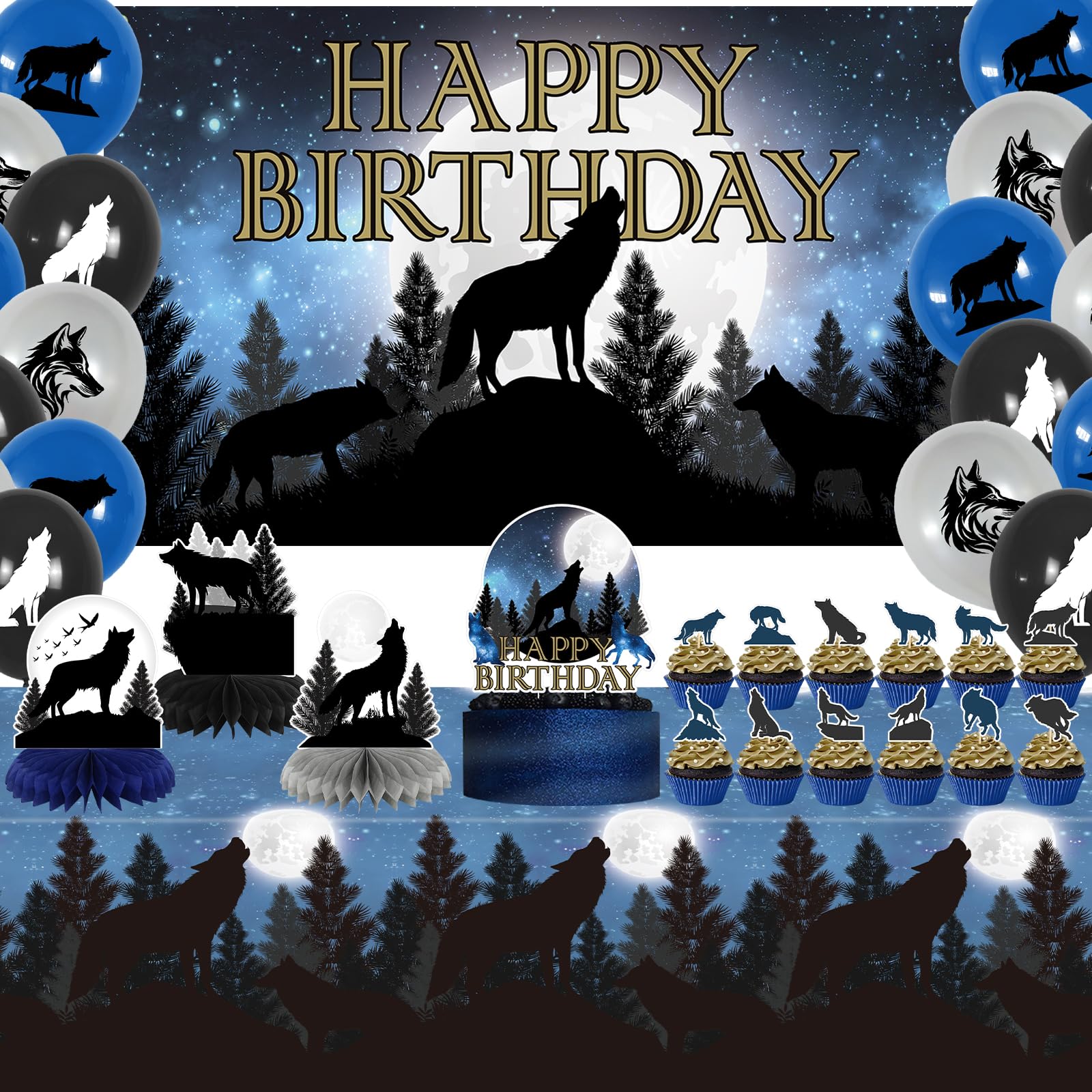 Obussgar Wolf Birthday Party Decorations - Wolf Party Supplies including Happy Birthday Backdrop, Spirals, Cake Toppers, Table Centerpieces, Balloons (bj)