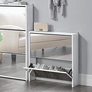 [en.casa] Zapatero con Espejo 67 x 63 x 17cm con 2 Compartimentos de Almacenamiento Mueble Zapatero Organizador de Zapatos Blanco