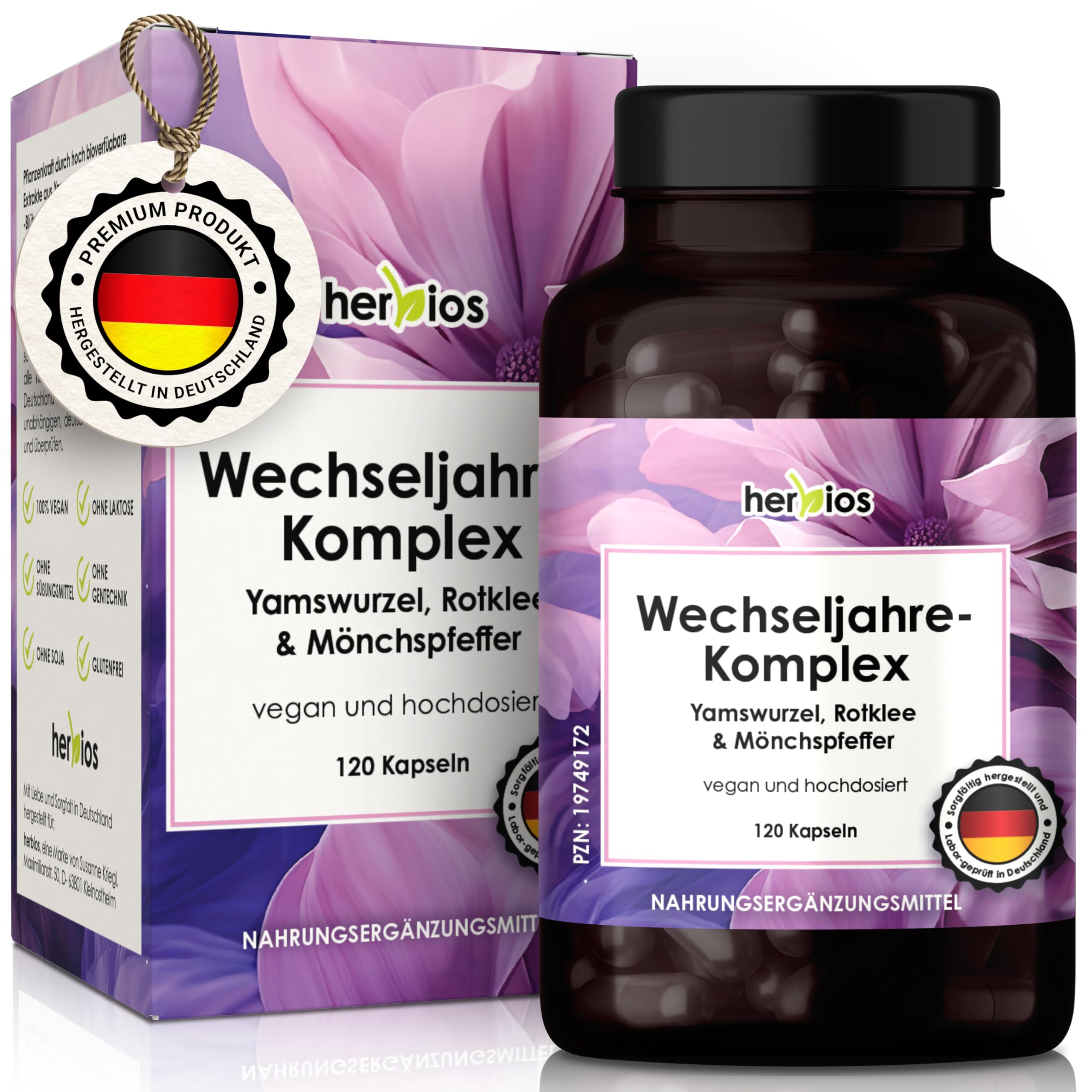 HERBIOS Wechseljahre Kapseln – 120 Stück für 2 Monate – Hochdosierte Yamswurzel, Rotklee & Mönchspfeffer - mit Eisen Folsäure & B-Vitaminen – Vegan & Hormonfrei, für Meno Balance