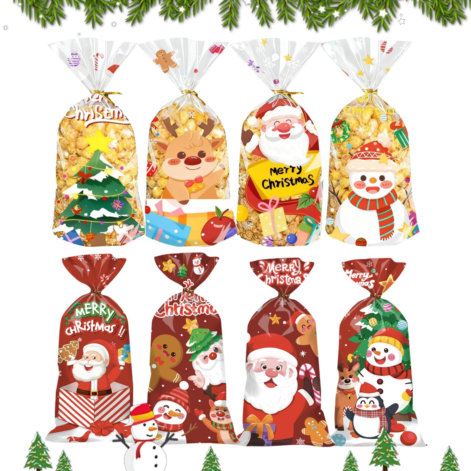 FOSDICK 100Pcs Christmas Sweet Bags, Christmas Cellophane Bags, Xmas Gift Bag with Twist Ties, christmas treat bags for Candy Cookie Treat Snack for Xmas Party Gatherings Events Supplie, 8 Designs