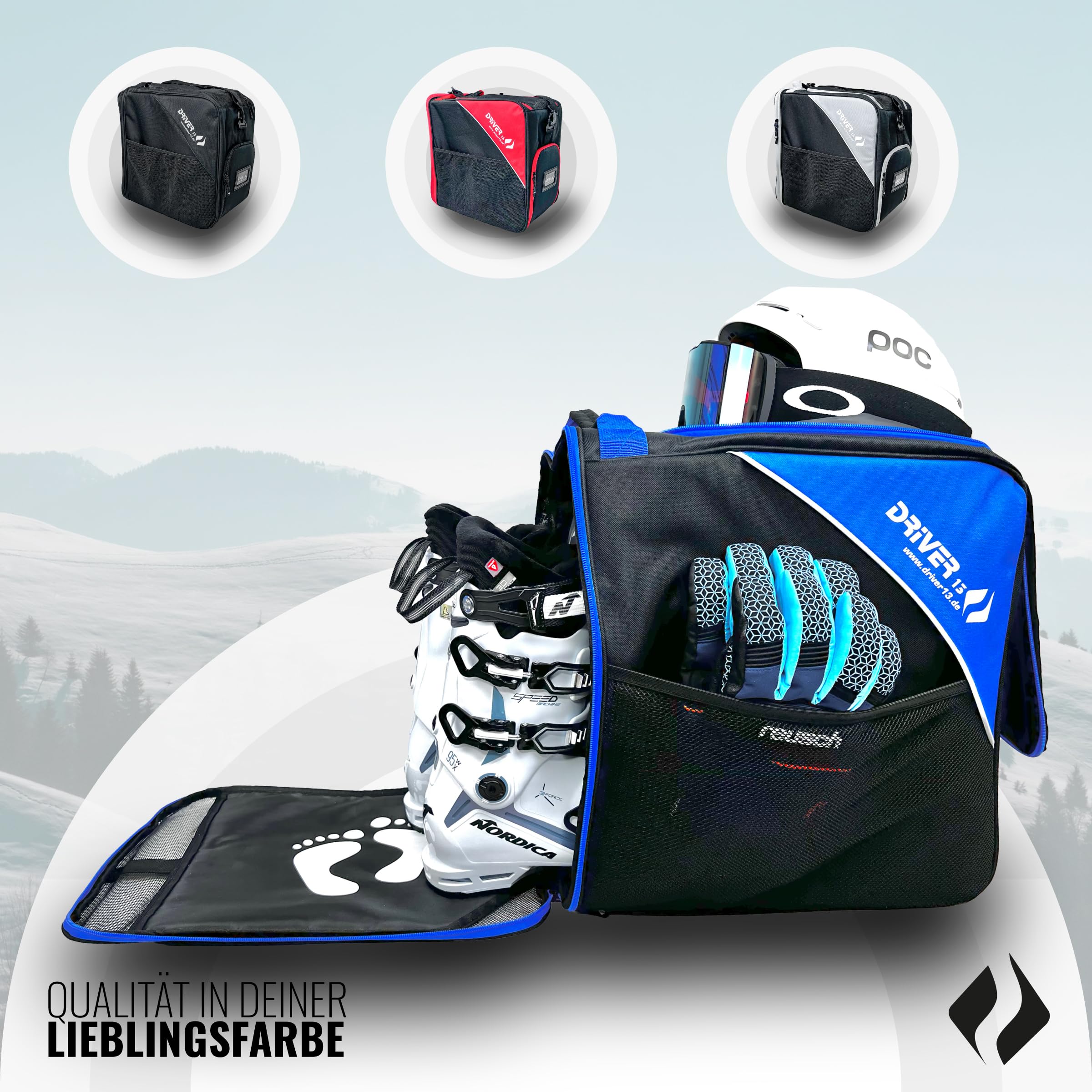 Driver13 ® Bolsa para Botas de esquí Bolsa para Botas de esquí con Compartimento para Casco para Botas Blandas duras inliner y Bolsa para Botas Negro-Azul