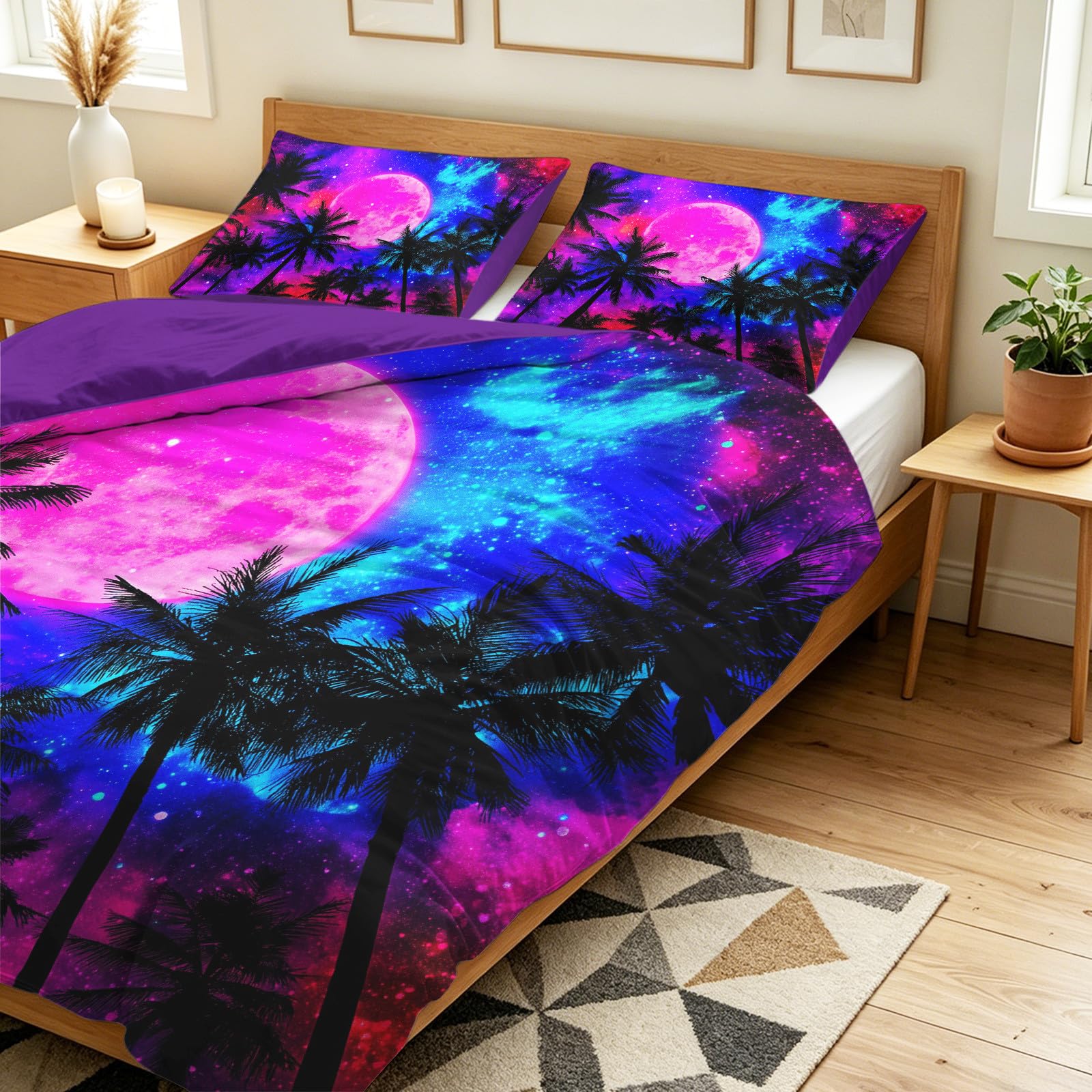Zestaw pościeli w rozmiarze Super King Size, poszewka na kołdrę 260 x 220 cm, do pokoju dziecięcego, sypialni, ultrasoft, hipoalergiczna, surrealistyczna fantazja, tropikalny styl, palma, niebo