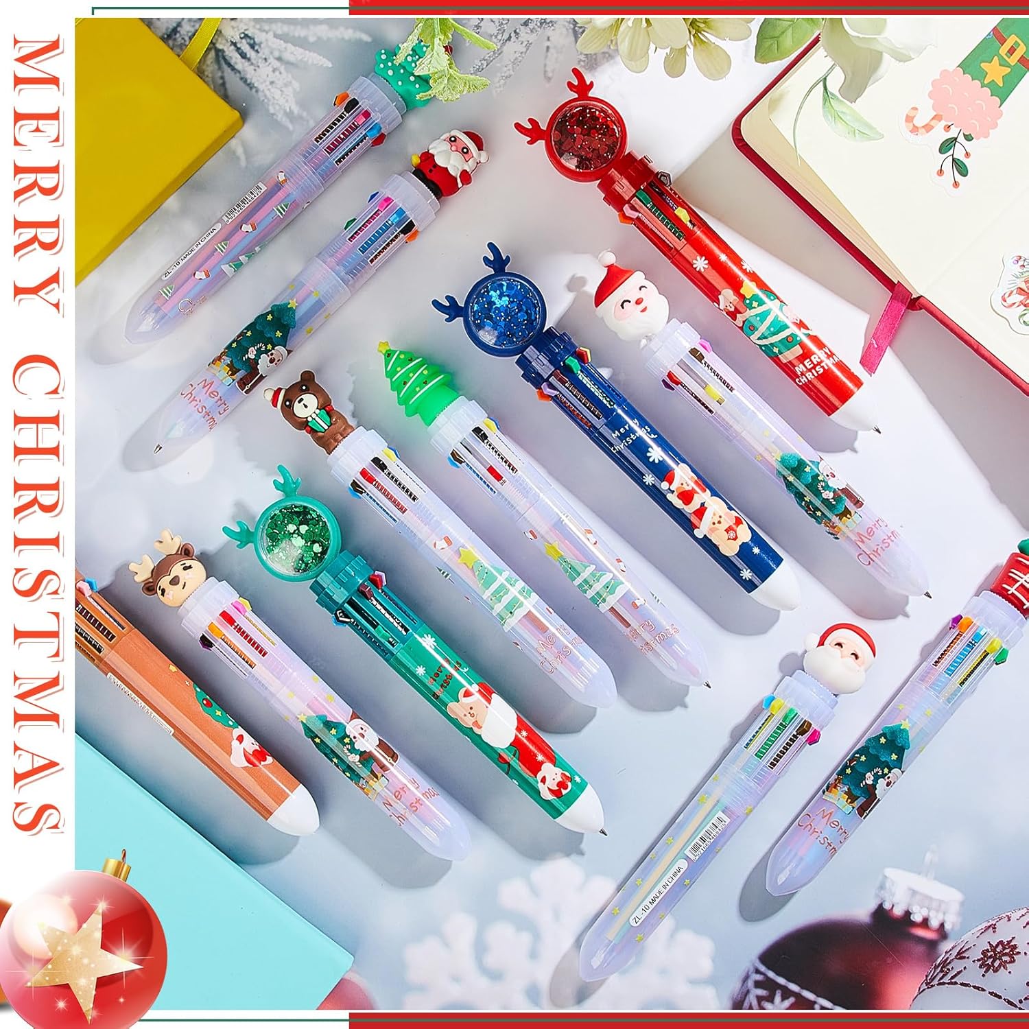 Kosiz 100 Pcs Christmas Multicolor Ballpoint Pens, 10 in 1 Santa Claus Reindeer Xmas Tree Retractable Pens 0.7 mm for Office Christmas Prize Gift Goodie Bag Stuffers Xmas Party Favor