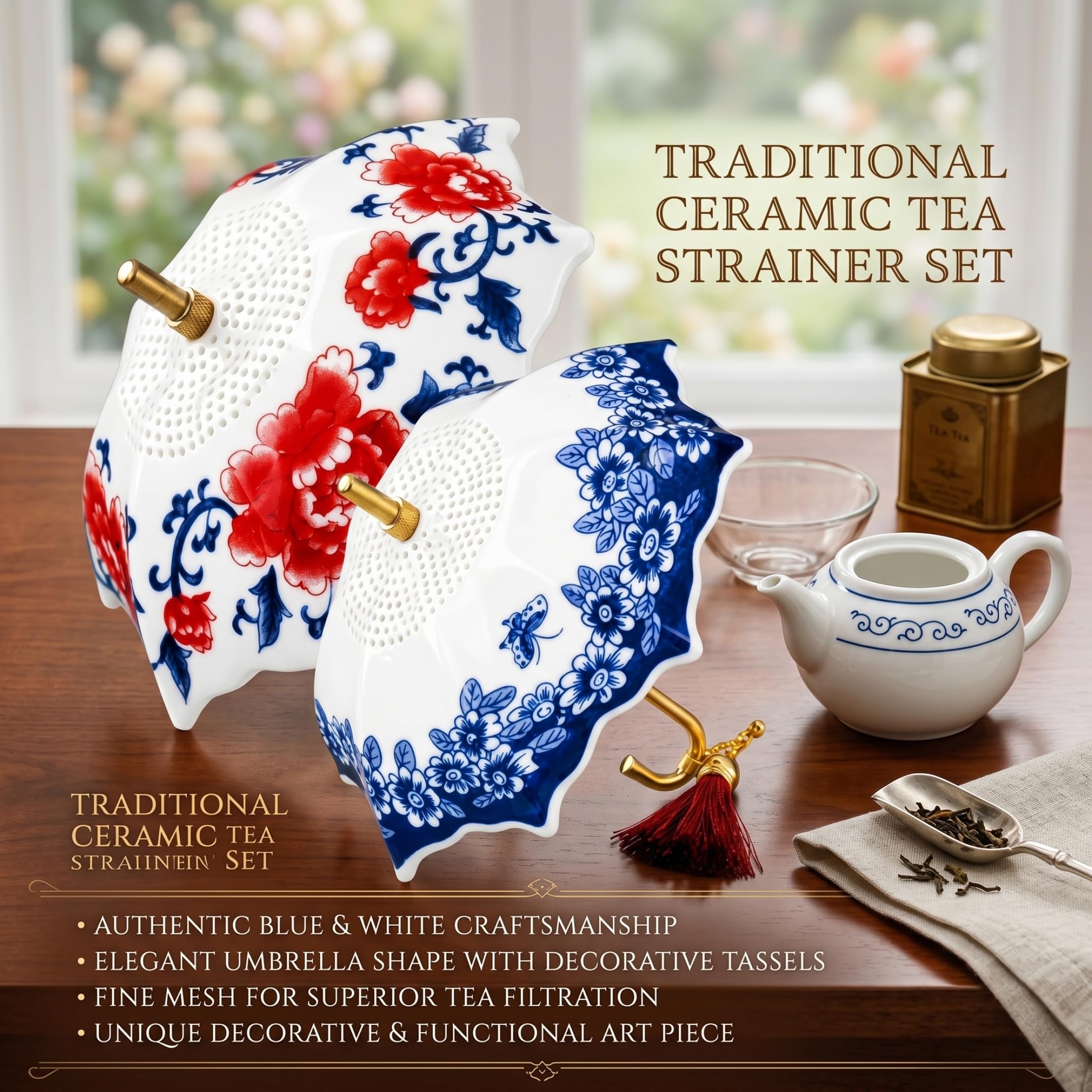 Difusores de té para té suelto, 2 coladores de paraguas, infusor giratorio de hojas sueltas con porcelana azul y blanca, filtro de cerámica (azul + rojo)