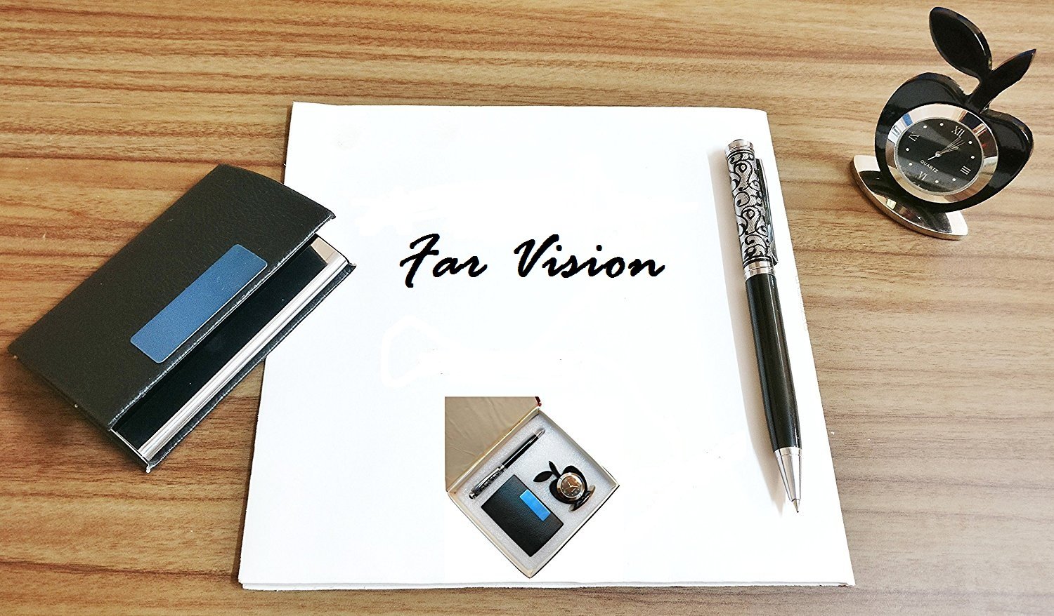 3 in 1 Premium Gift Set with Apple Clock, Designer Engraved Metallic Pen & Leather Card Holder with Premium Packaging