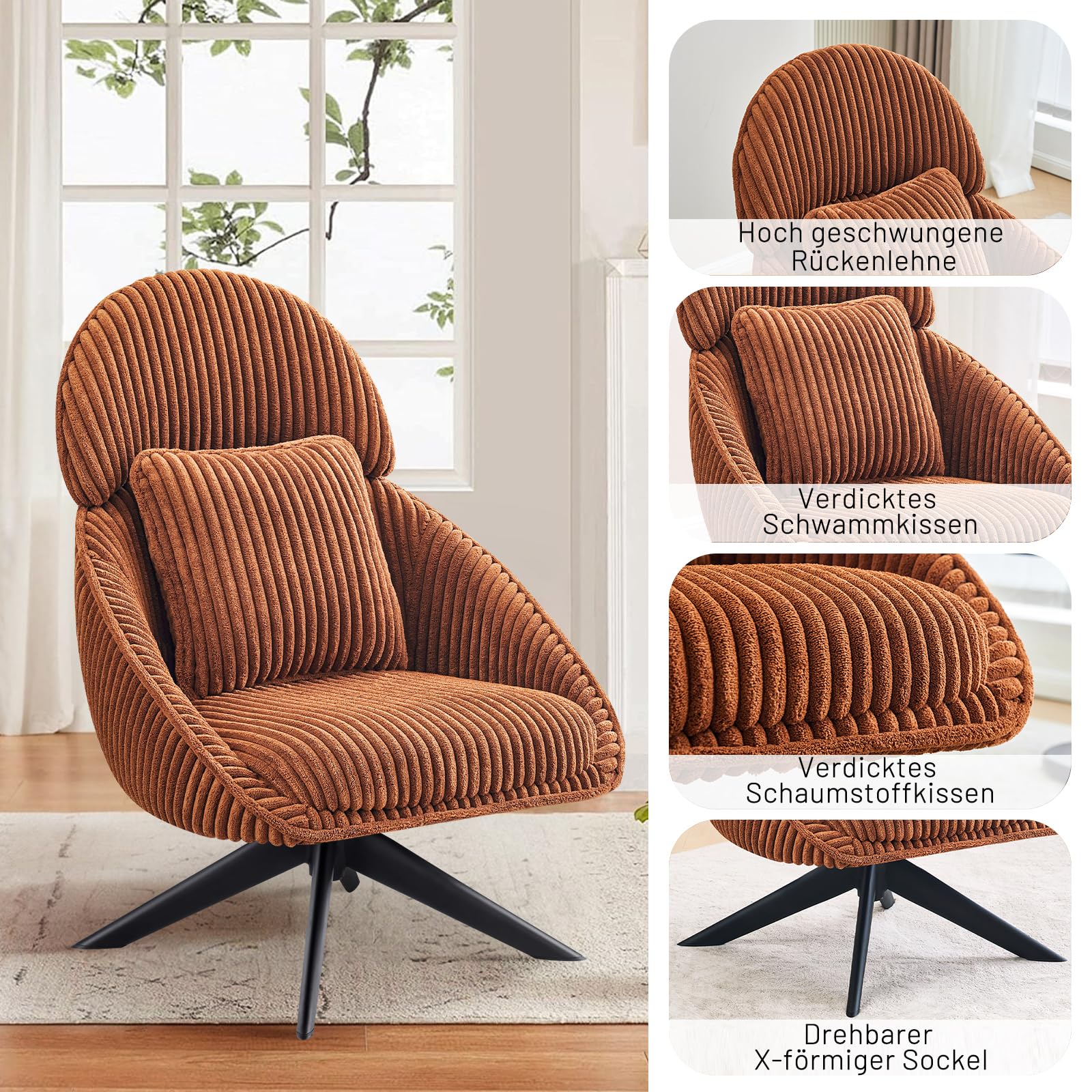 Fauteuil Salon Relax Pivotant à 360°, Fauteuil Rembourré Chambre à Coucher avec Coussin épais Amovible, Fauteuil de Bureau Fauteuil de Lecture pour Salon Chambre à Coucher Bureau, Orange