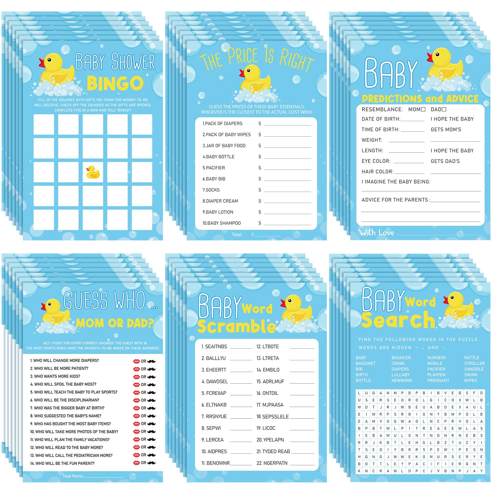 Jetec 302 Pcs Baby Shower Games, 6 Games,50 Sheets Each