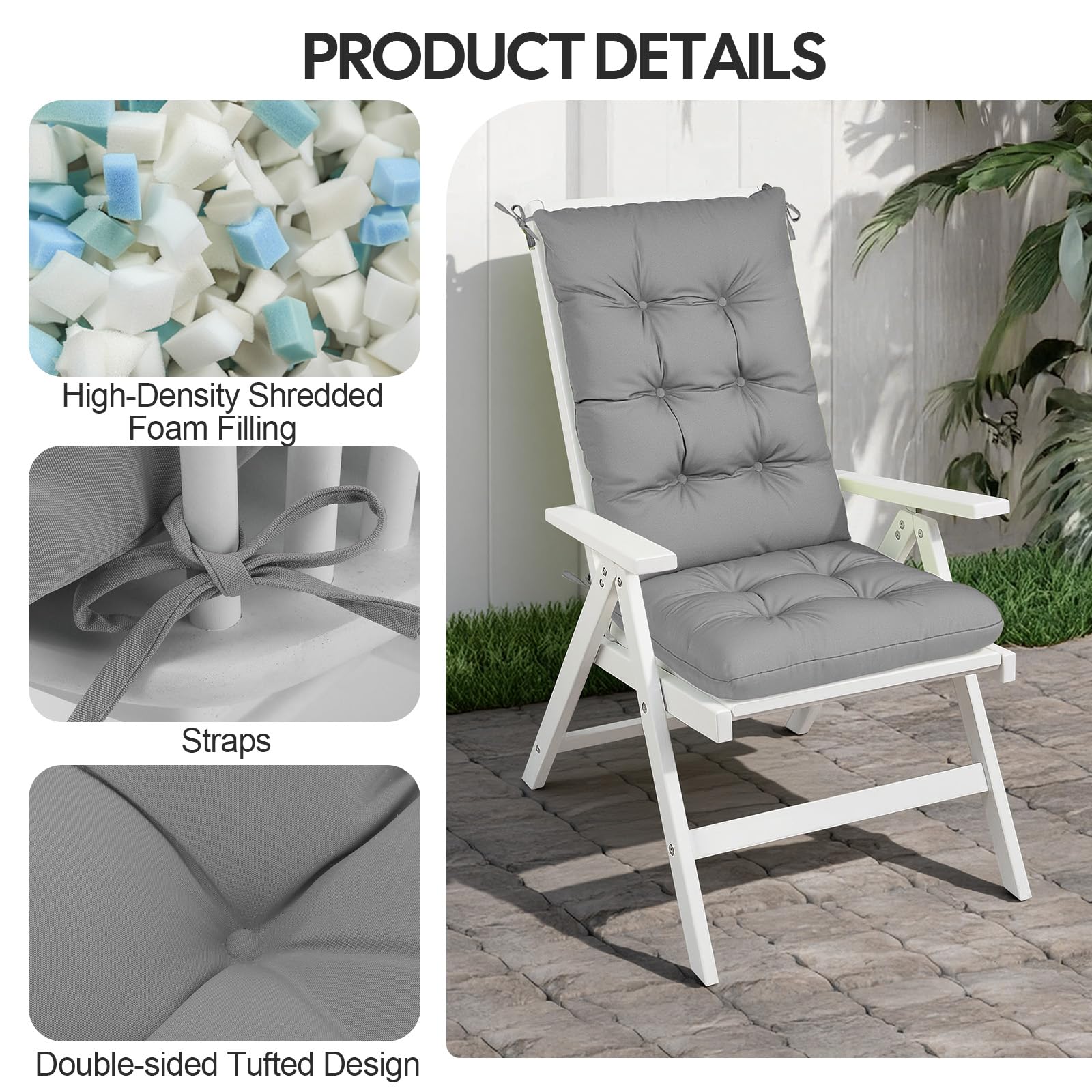 RIMEPATIO Outdoor High Back Chair Cushion 120x45cm, 8cm Thick Tufted Waterproof Rattan Seat Pad with Ties for Garden & Patio Dining Chairs, Loungers, Recliner, Grey — view 4