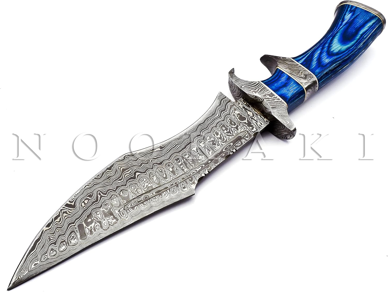 NOORAKI - 15″ Damascus Bowie Knife with Sheath | Hand Made Hunting Knife - Fixed Blade Long Bowie Knives - Ideal for Survival ,Chopping, Camping, Outdoor Gift for Men |Tactical Knife Wood Handle (Blue)