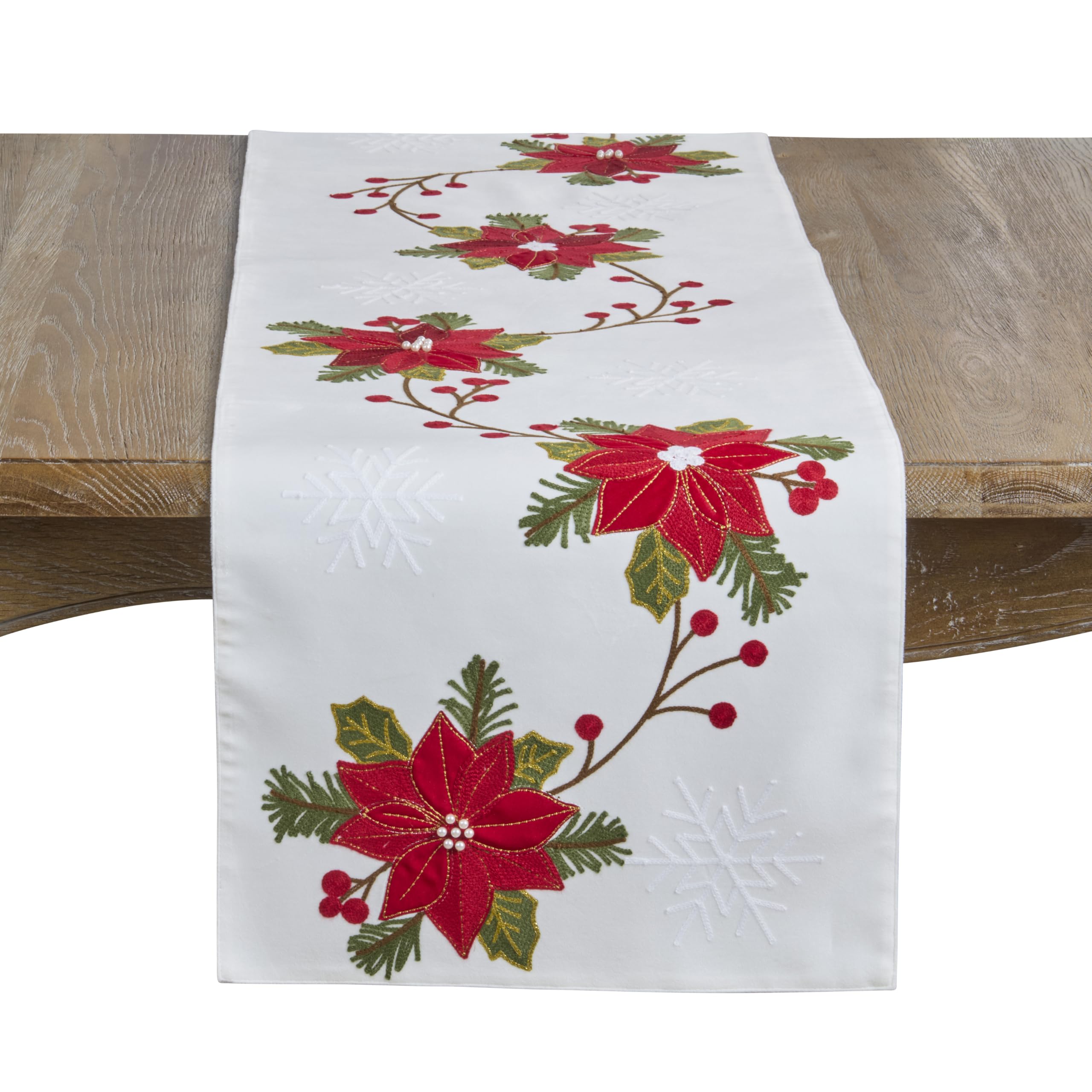 SARO LIFESTYLE Poinsettia Christmas Table Runner - Festive Holiday Table Runner with Embroidered Poinsettia and Snowflake Design for Holiday Dining Tables, 16"x70", White