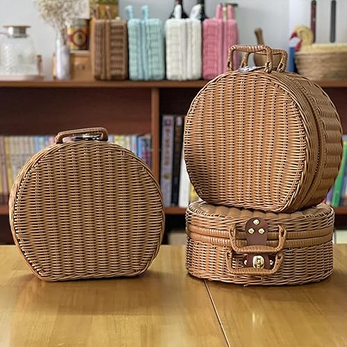Miniatura 4 de MSUIINT Cesta para maleta de ratán de 7.9 x 5.7 pulgadas, contenedores de almacenamiento de mimbre redondos vintage con asa, bolsa de picnic de