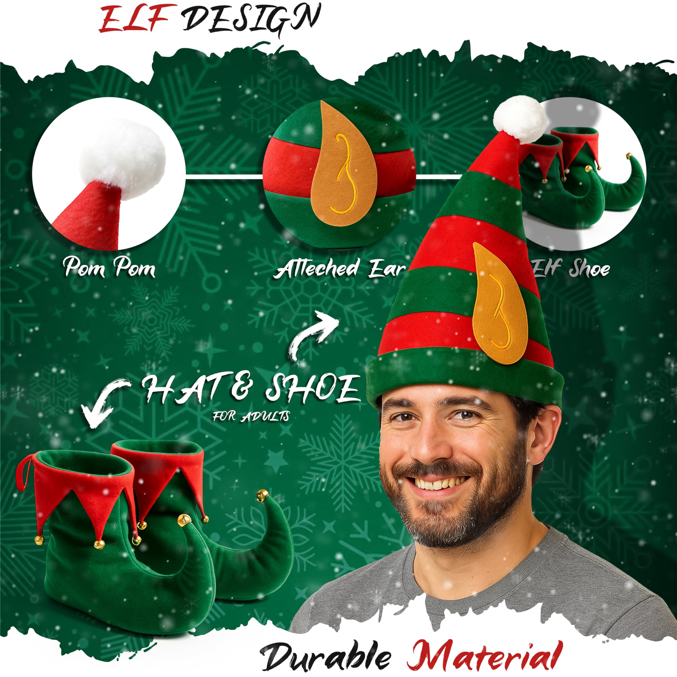 VINCAM Christmas Elf Hat and Shoes Set, Red & Green Little Helper Costume Accessories - Image 4