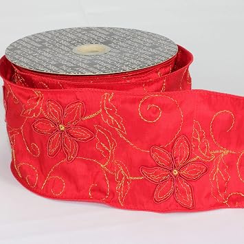 Red Stitched Poinsettia Wired Craft Ribbon 4" x 20 Yards