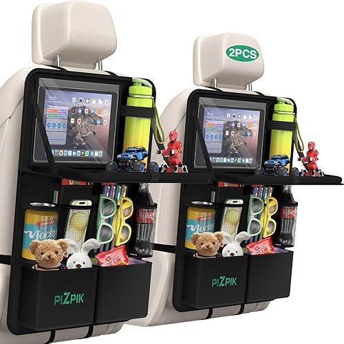 Organizador de asiento trasero de automóvil con soporte para tableta, 11 bolsillos de almacenamiento con bandeja plegable para alimentos, protector